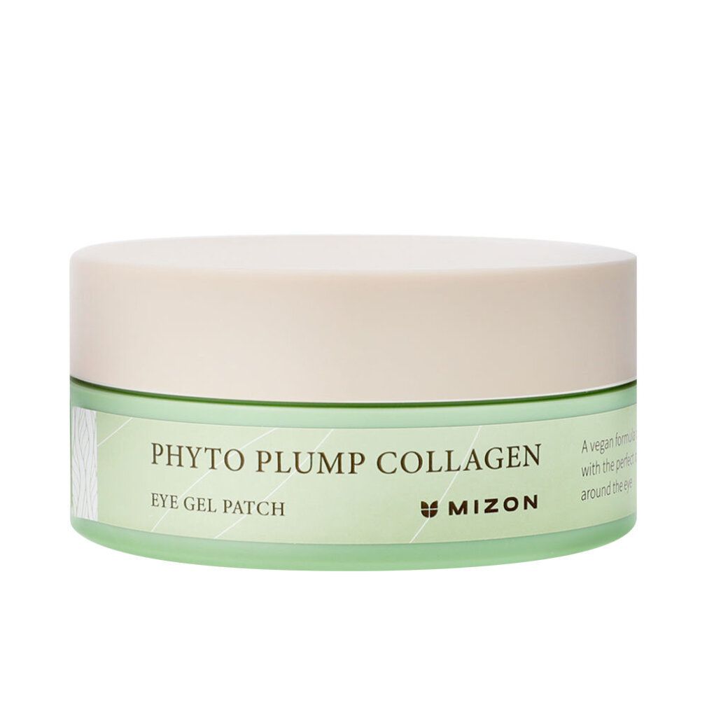 Barattolo rotondo con etichetta verde. Scritta: Phyto Plump Collagen Eye Gel Patch. Marchio: Mizon. Coperchio: verde chiaro.