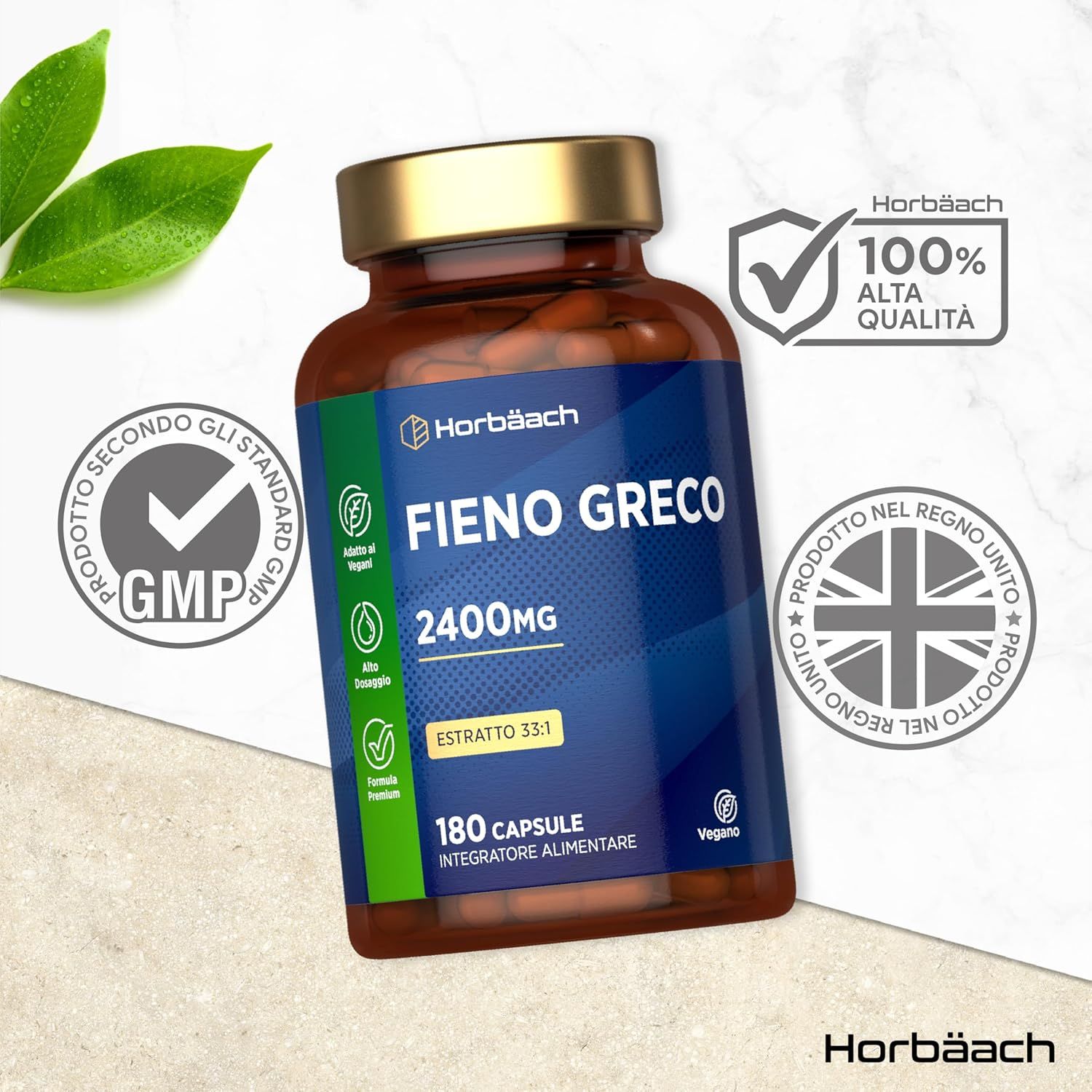 Flacone marrone con etichetta blu. Fieno Greco 2400mg, 180 capsule. GMP, 100% alta qualità. Prodotto nel Regno Unito.