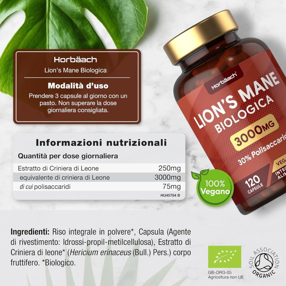 Flacone marrone con tappo dorato. Scritta: Lion's Mane Biologica 3000mg, 120 capsule. Vegano. Sigillo 100% Vegano. Informazioni nutrizionali.