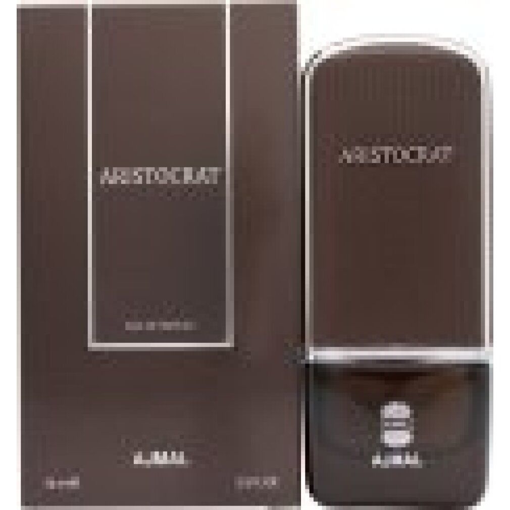 Flacone di profumo e confezione. Flacone con scritta ARISTOCRAT. Confezione con logo ARISTOCRAT e AJMAL. Tonalità marroni.