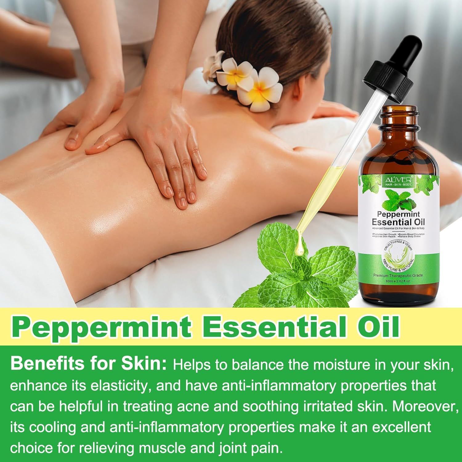 Flacone di vetro marrone con contagocce e olio essenziale. Donna sdraiata sulla schiena. Testo: Peppermint Essential Oil, Benefits for Skin.