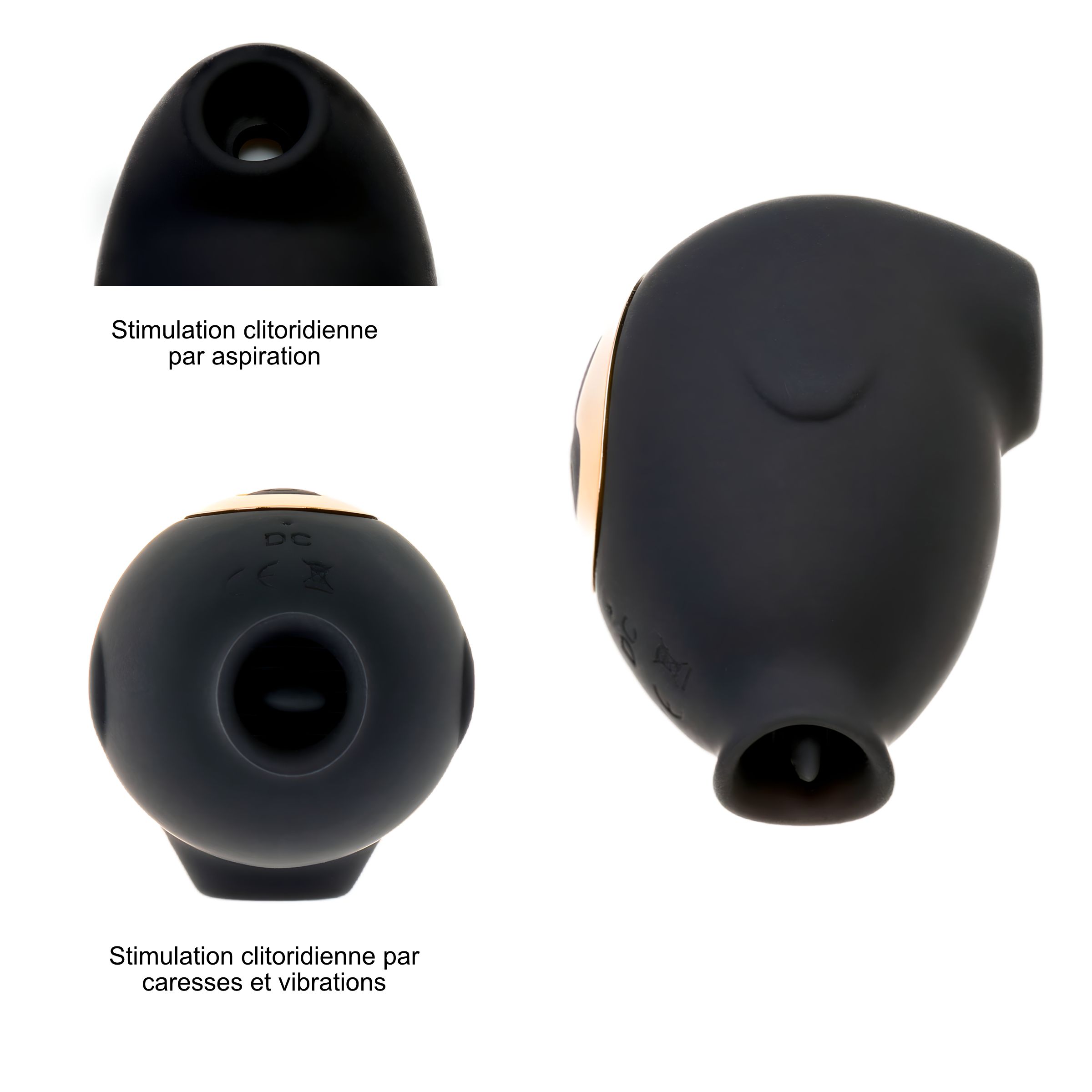 Tre viste di un dispositivo nero ovale. Viste: sopra, sotto, lato. Testo: Stimolazione per aspirazione, carezze e vibrazioni.