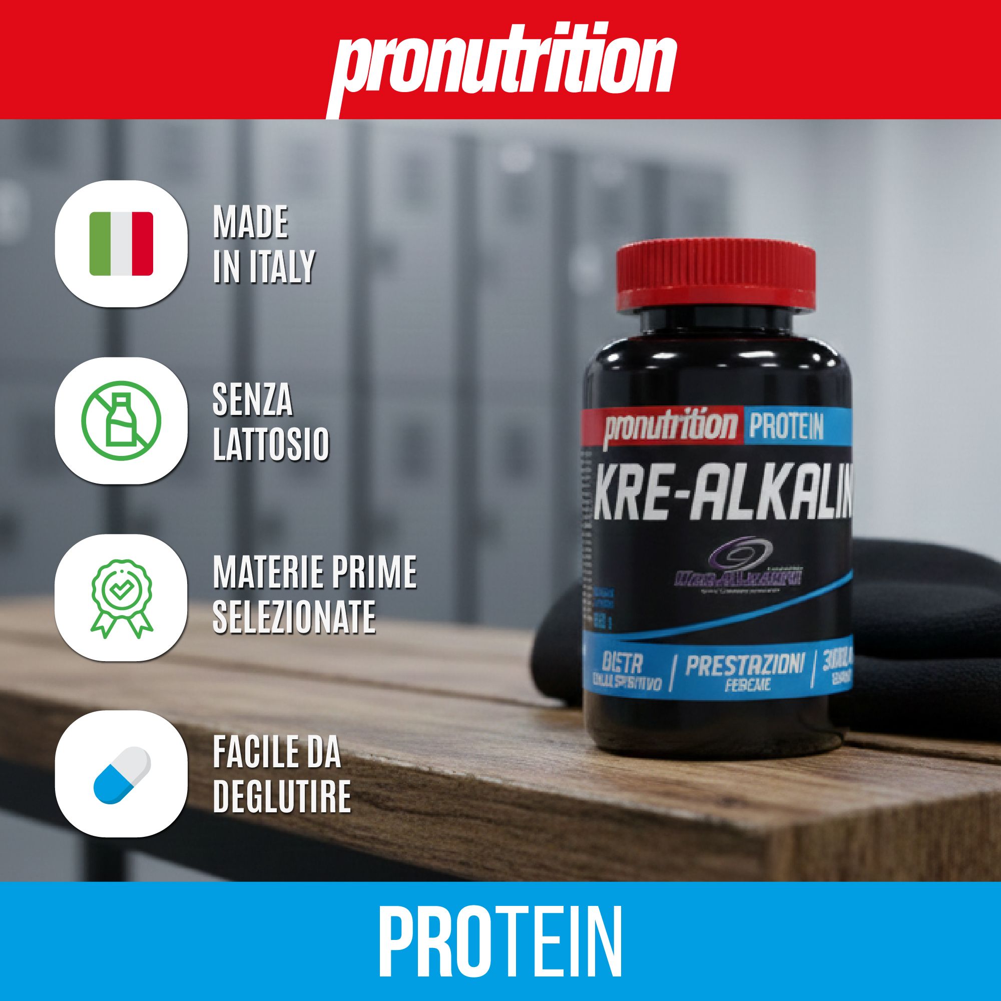 Flacone nero con tappo rosso, nome del prodotto e testo. Simboli e testo.