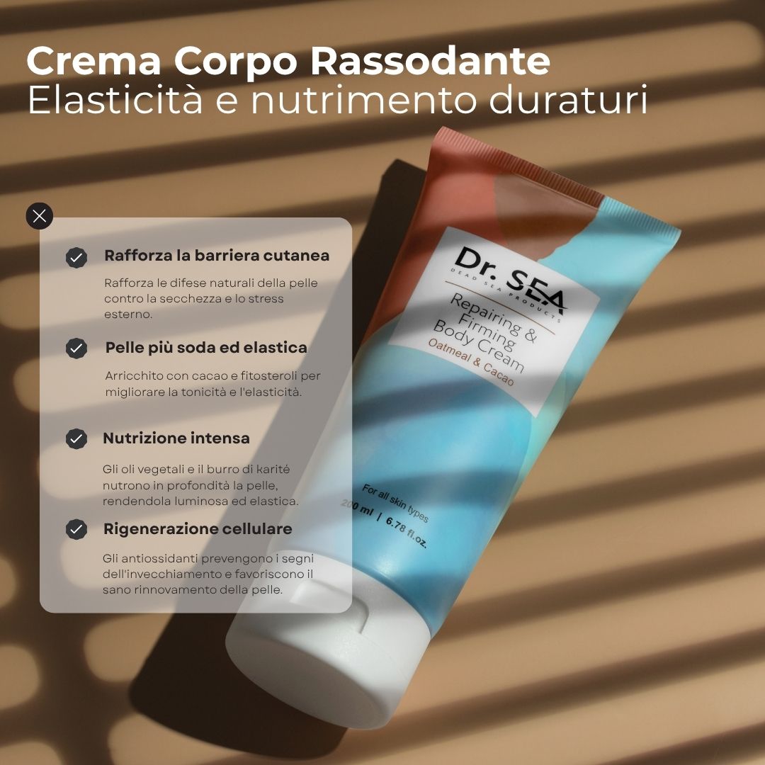 Tubo "Dr. SEA" con testo. Testo: Rafforza la barriera cutanea, pelle più soda, nutrizione intensa, rigenerazione cellulare. 200 ml.