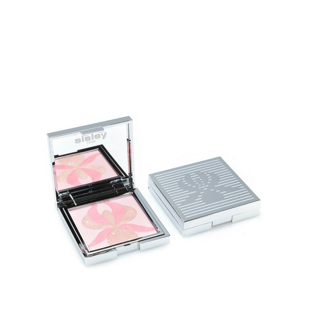 Palette blush Sisley L'Orchidée Rose aperta e chiusa. Con specchio, polvere rosa con motivo floreale. Confezione compatta argentata.
