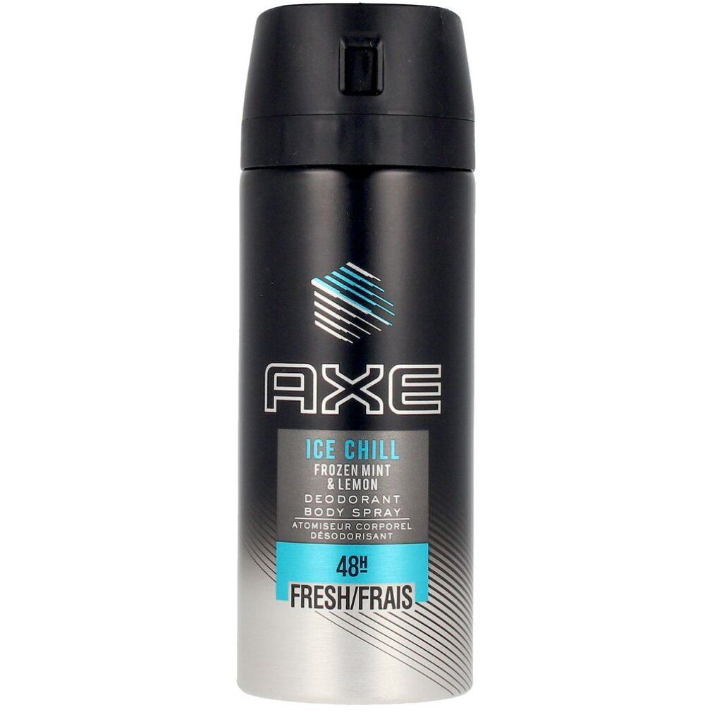 Spray deodorante con tappo nero e contenitore argentato. Testo: AXE, Ice Chill, Frozen Mint & Lemon, 48h Fresh/Frais.