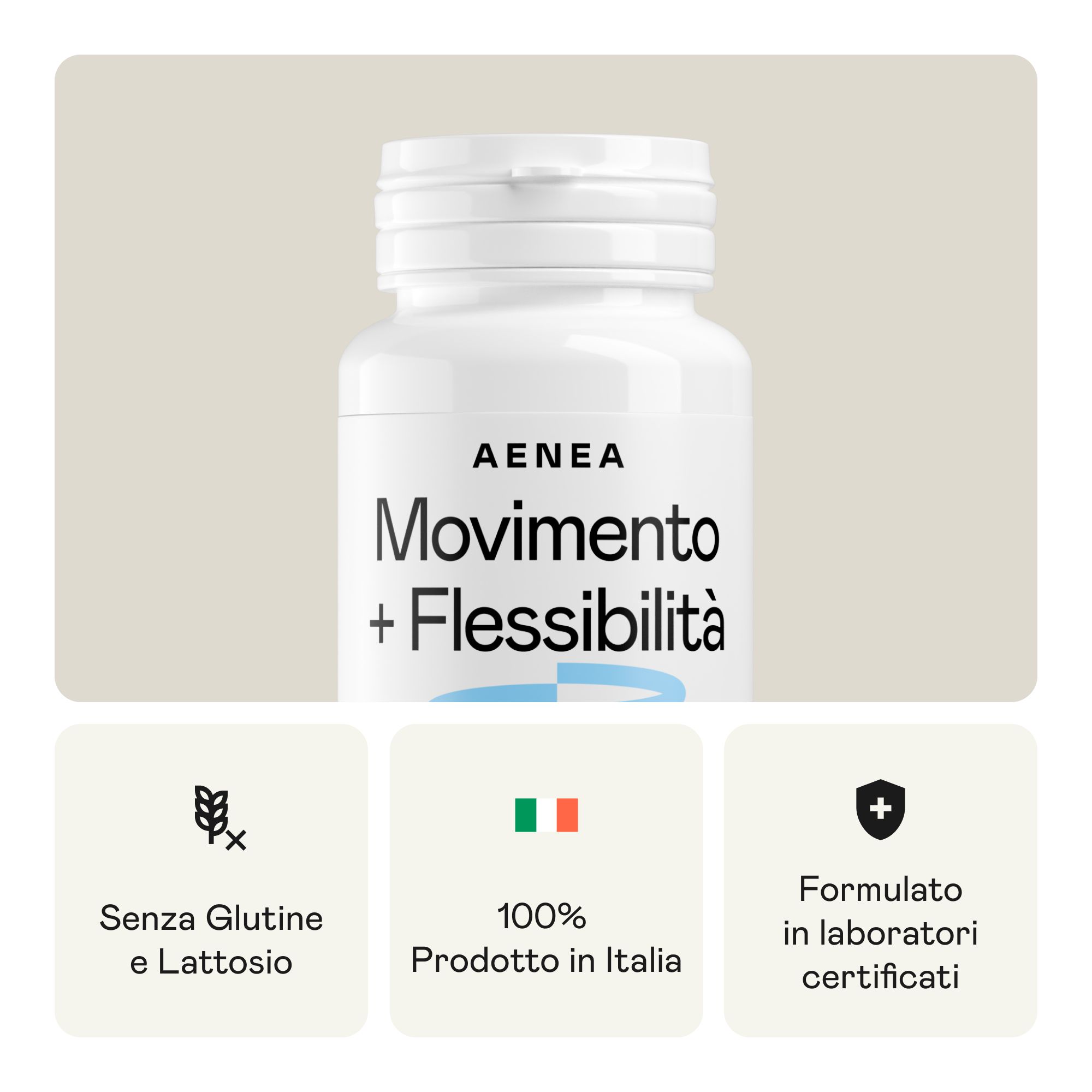Flacone bianco con compresse. Testo: Aenea Movimento + Flessibilità. Senza glutine, senza lattosio. Prodotto in Italia.