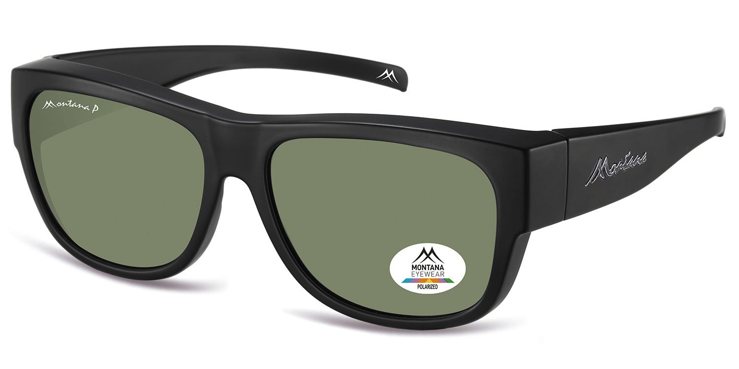 Occhiali da sole neri, vista laterale. Lenti verdi, logo Montana Eyewear. Adesivo polarizzato.