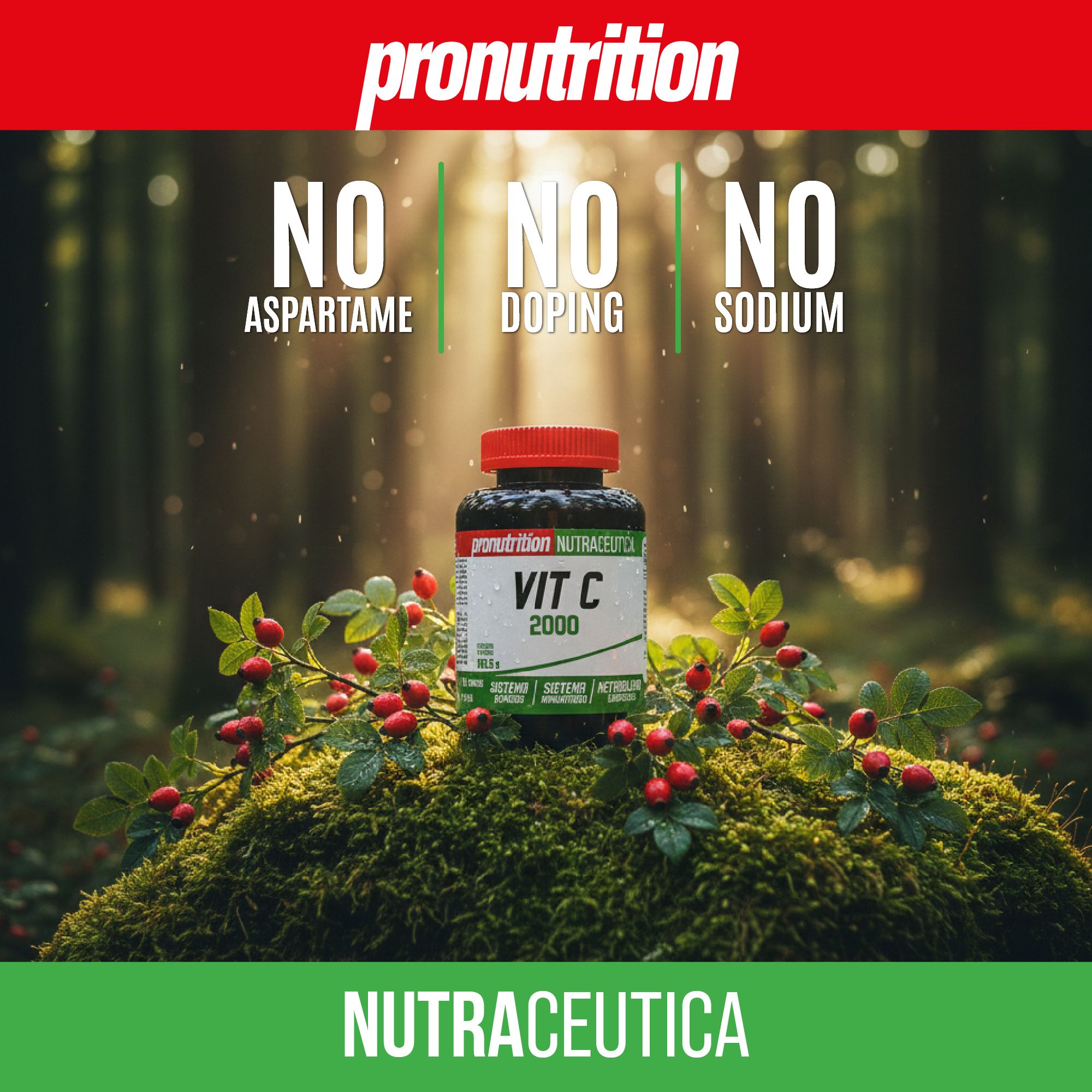 Flacone marrone con tappo rosso. Scritta: Vit C 2000. Testo: NO ASPARTAME, NO DOPING, NO SODIUM. Su muschio.