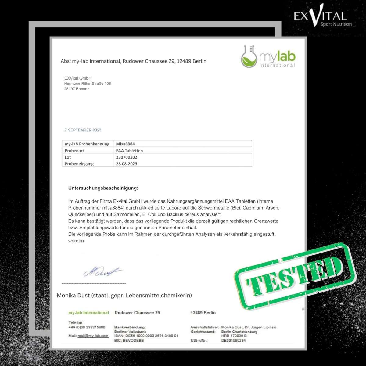 Rapporto di laboratorio mylab International per EXVital EAA Compresse. Testato per metalli pesanti e salmonelle.