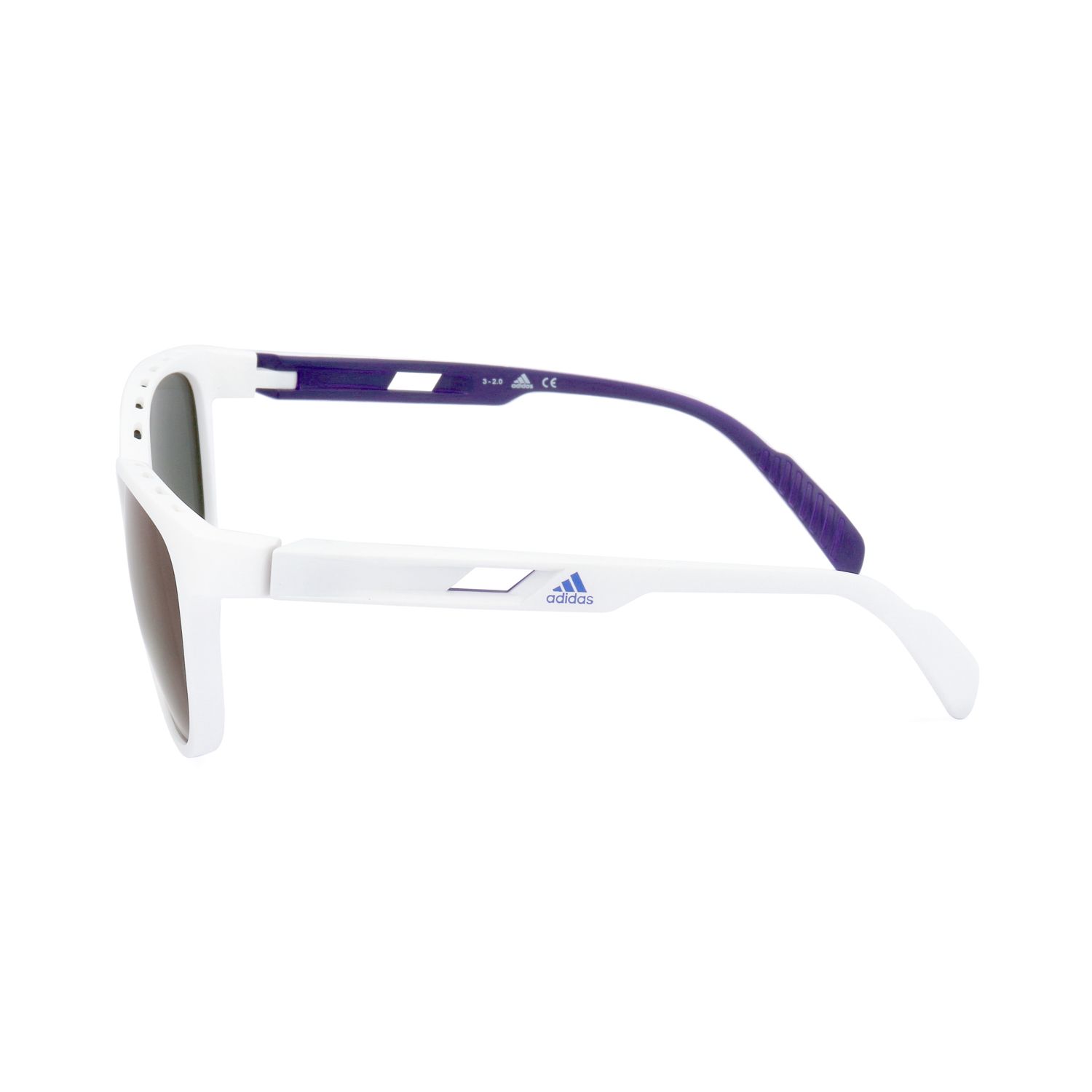 Occhiali da sole Adidas bianchi con accenti viola sulle aste e logo Adidas blu.