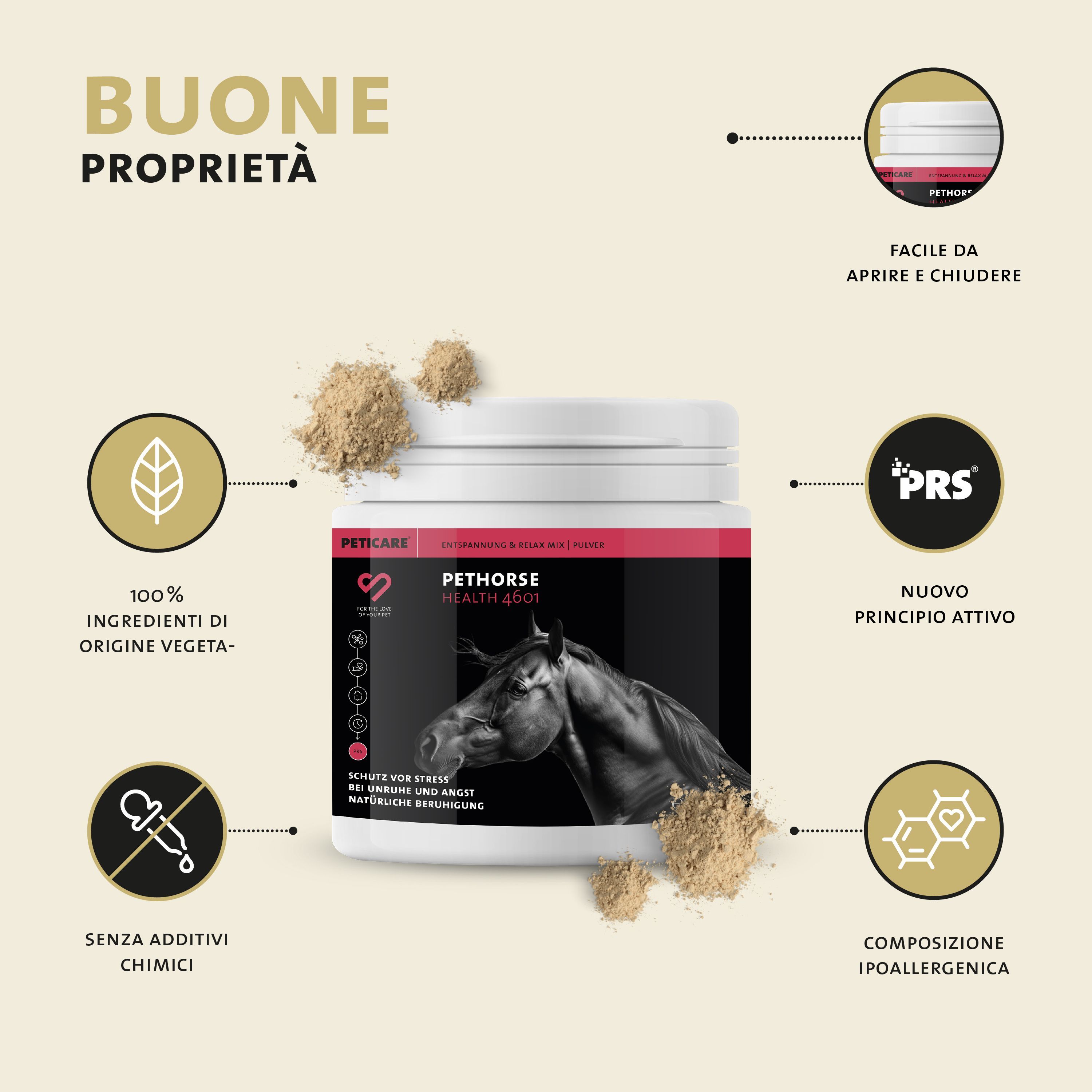 Contenitore in polvere Pethorse Health 4601 Peticare con icone: 100% ingredienti vegetali, senza additivi chimici, facile apertura, principio PRS.