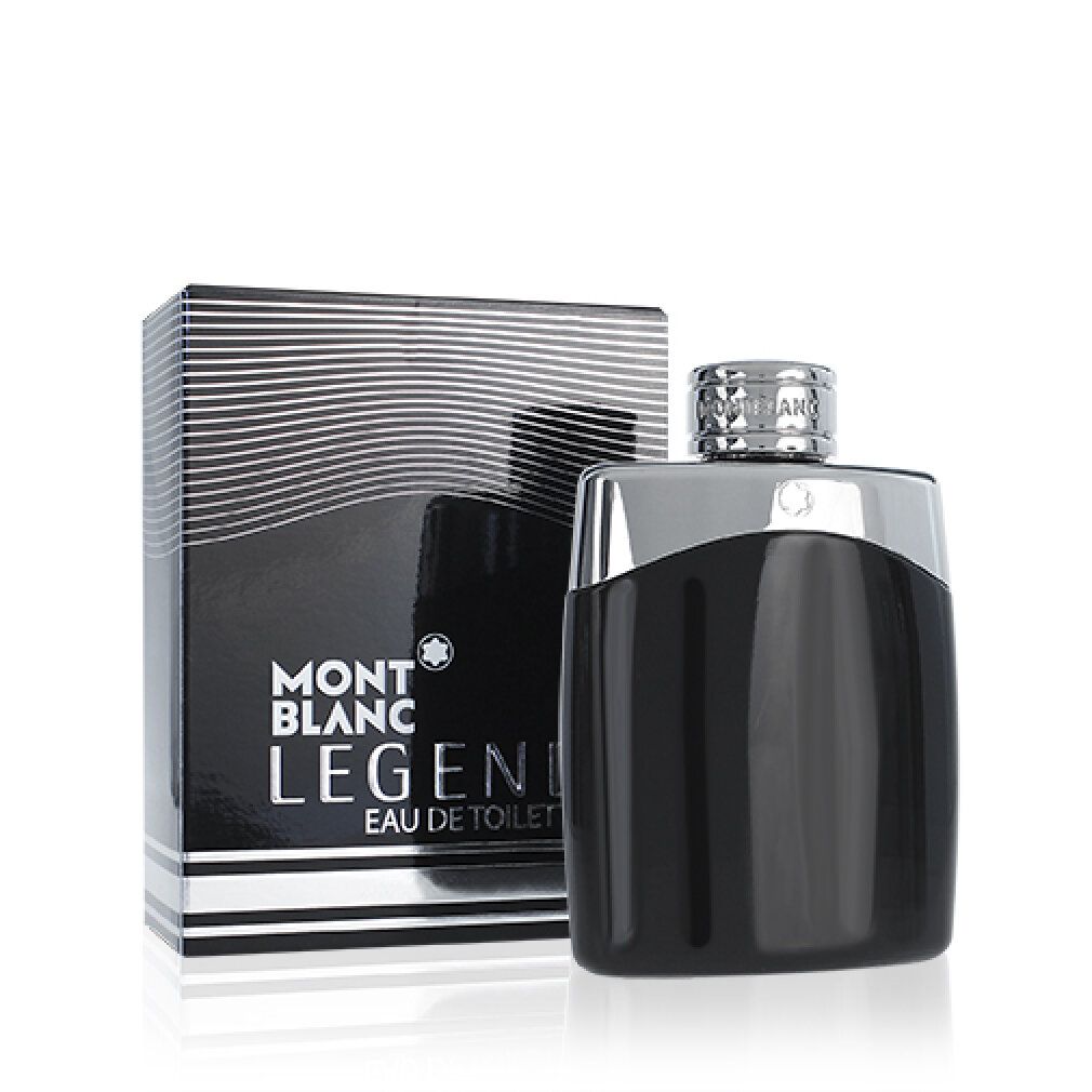 Flacone nero e scatola. Sulla scatola è scritto MONT BLANC LEGEND. Flacone con tappo argentato.