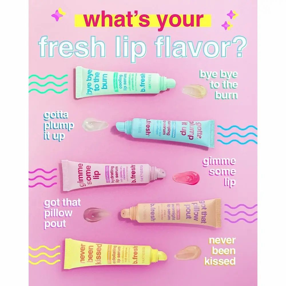 Diversi tubi di siero labbra in vari colori. Testo: "what's your fresh lip flavor?" e nomi dei prodotti.