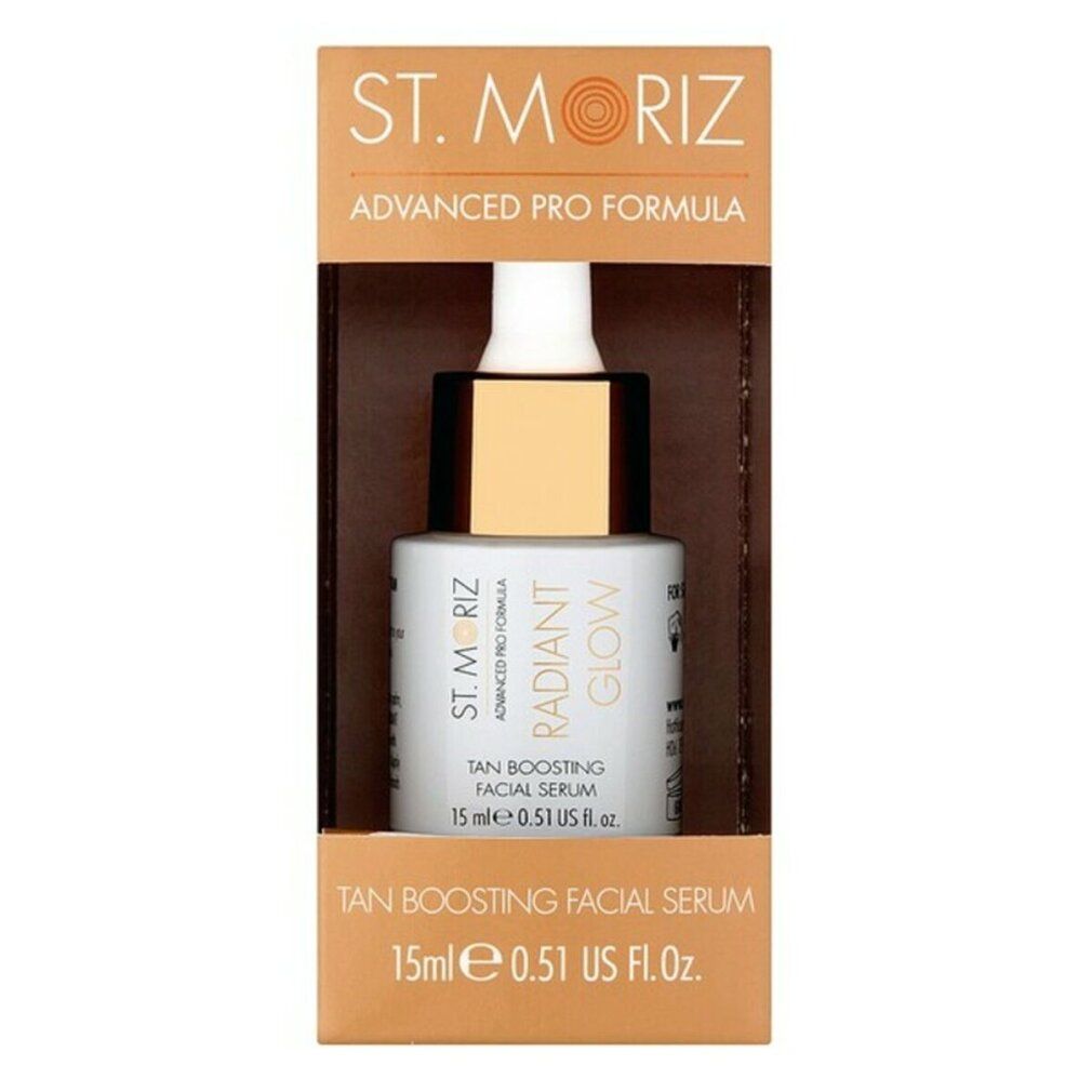 Flacone di siero in confezione. Scritta: St. Moriz, Advanced Pro Formula, Radiant Glow, Tan Boosting Facial Serum.