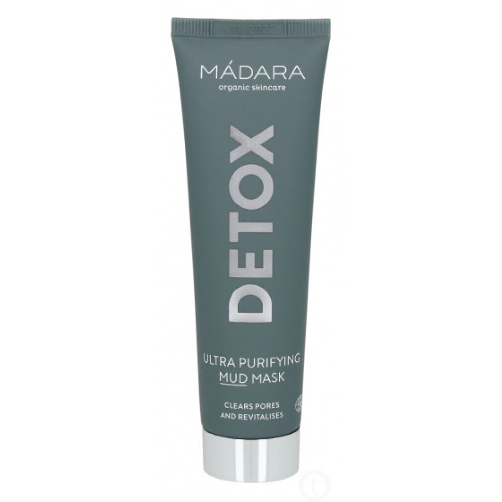 Tubo grigio scuro. Scritta: DETOX, Ultra Purifying Mud Mask. Marchio: MÁDARA.
