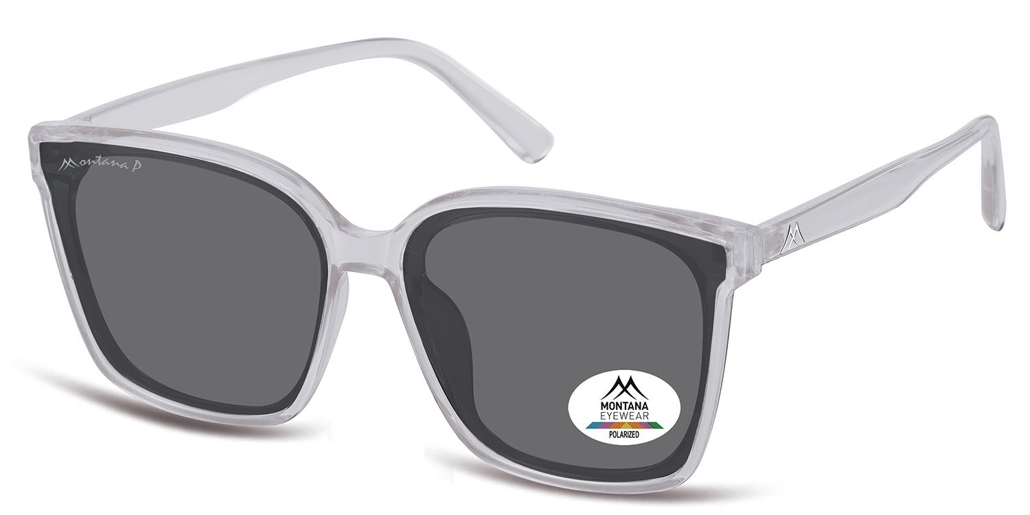 Occhiali da sole Montana Eyewear. Forma rettangolare, lenti grigie, montatura trasparente. Logo e adesivo Polarized.