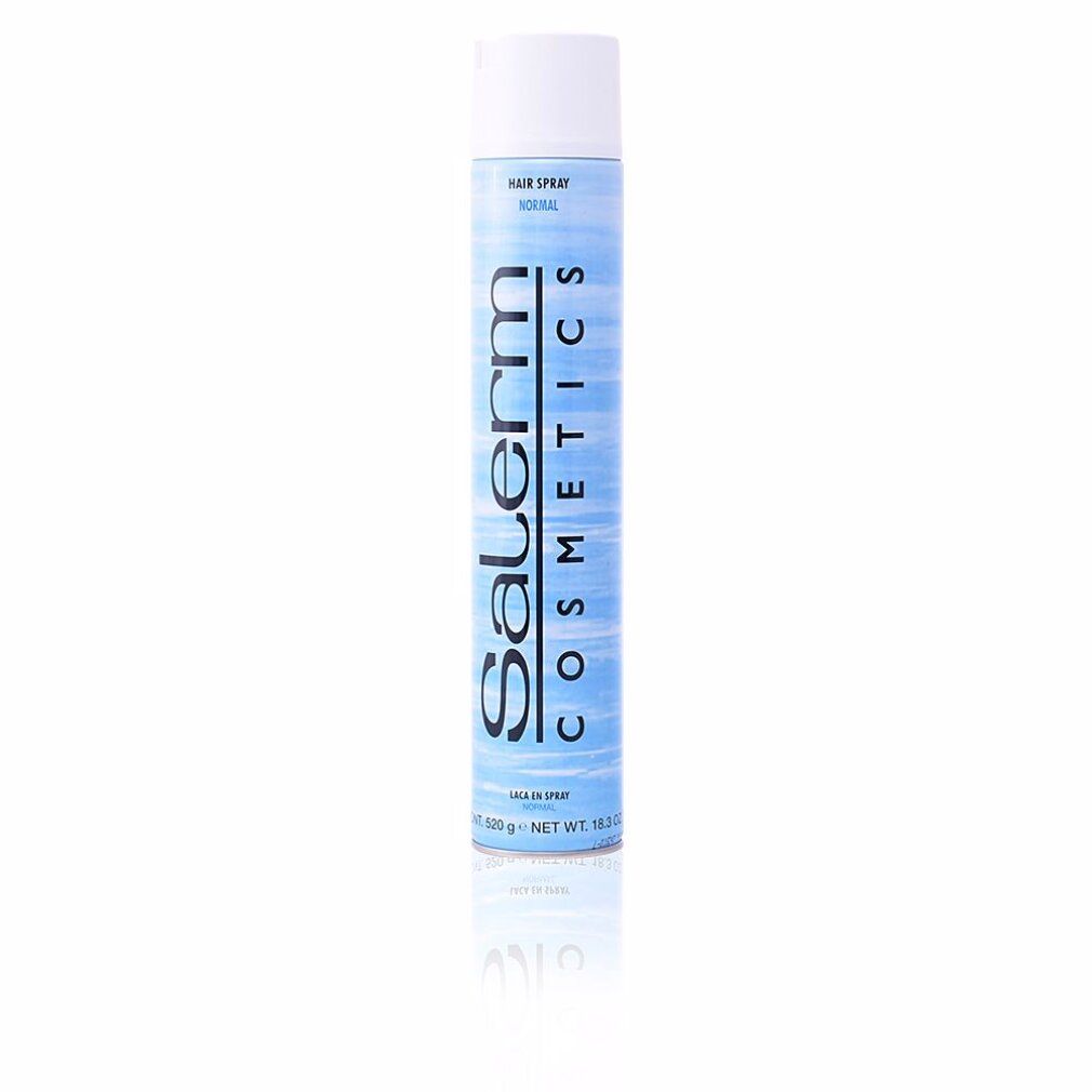 Bomboletta spray per capelli, tappo bianco, testo blu. Scritta: Salerm Cosmetics, Hair Spray Normal.