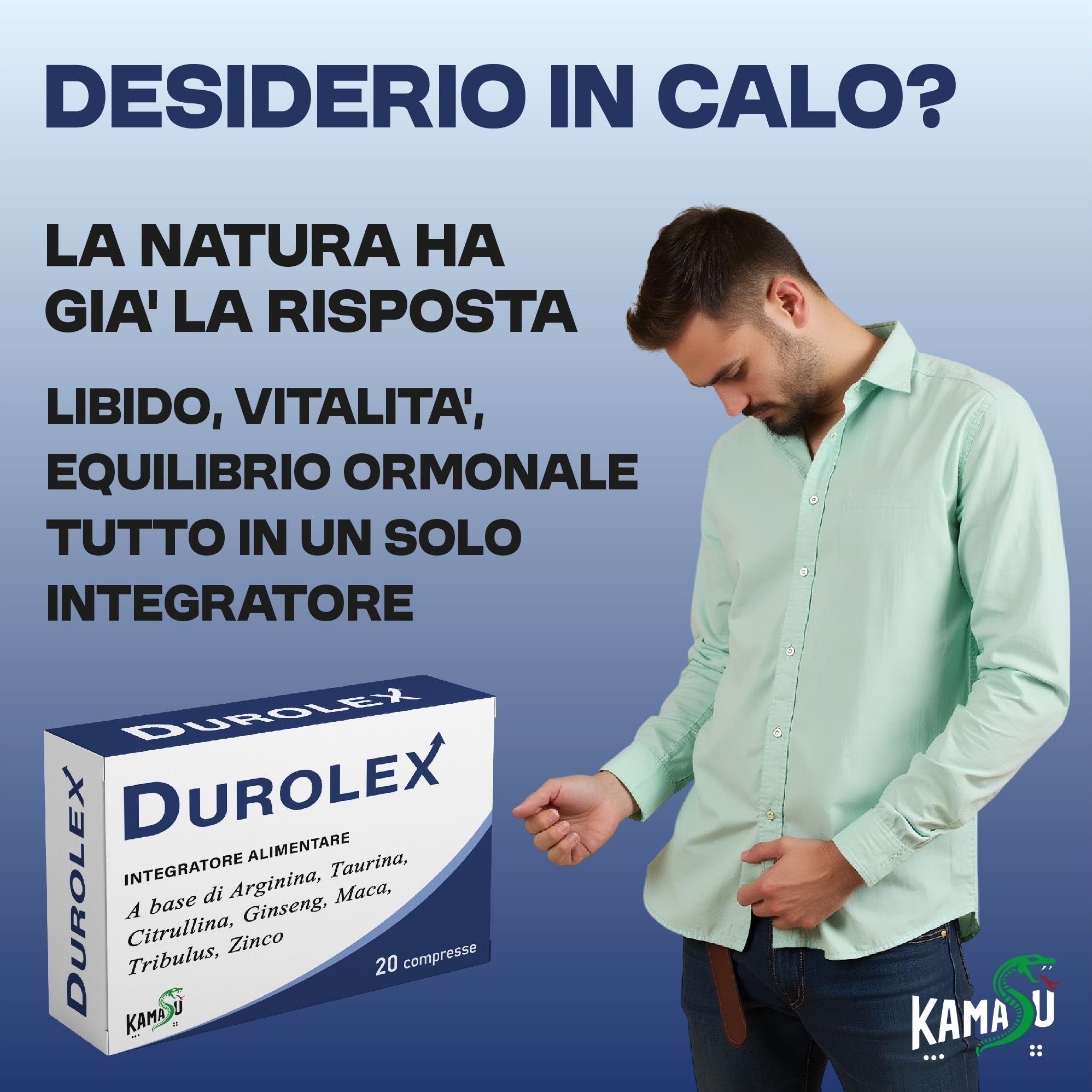 Scatola Durolex con testo e uomo. Logo Kamasù.
