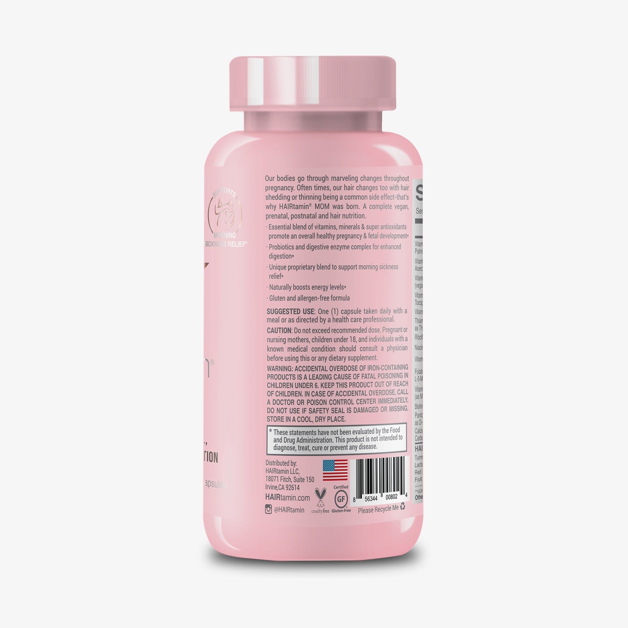 Retro di un flacone rosa con testo. Contiene informazioni sull'uso e sugli ingredienti.