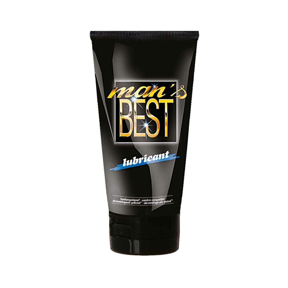 Tubo nero con scritta dorata "man's BEST lubricant". In basso, "100% compatibile con preservativi".