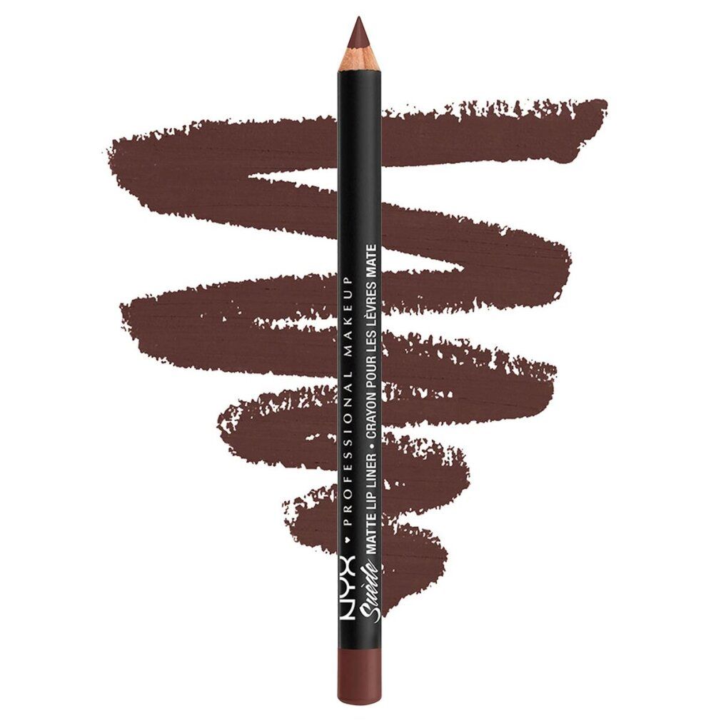 Matita labbra Suede Matte di NYX, tonalità Cold Brew. Matita labbra marrone scuro con swatch.