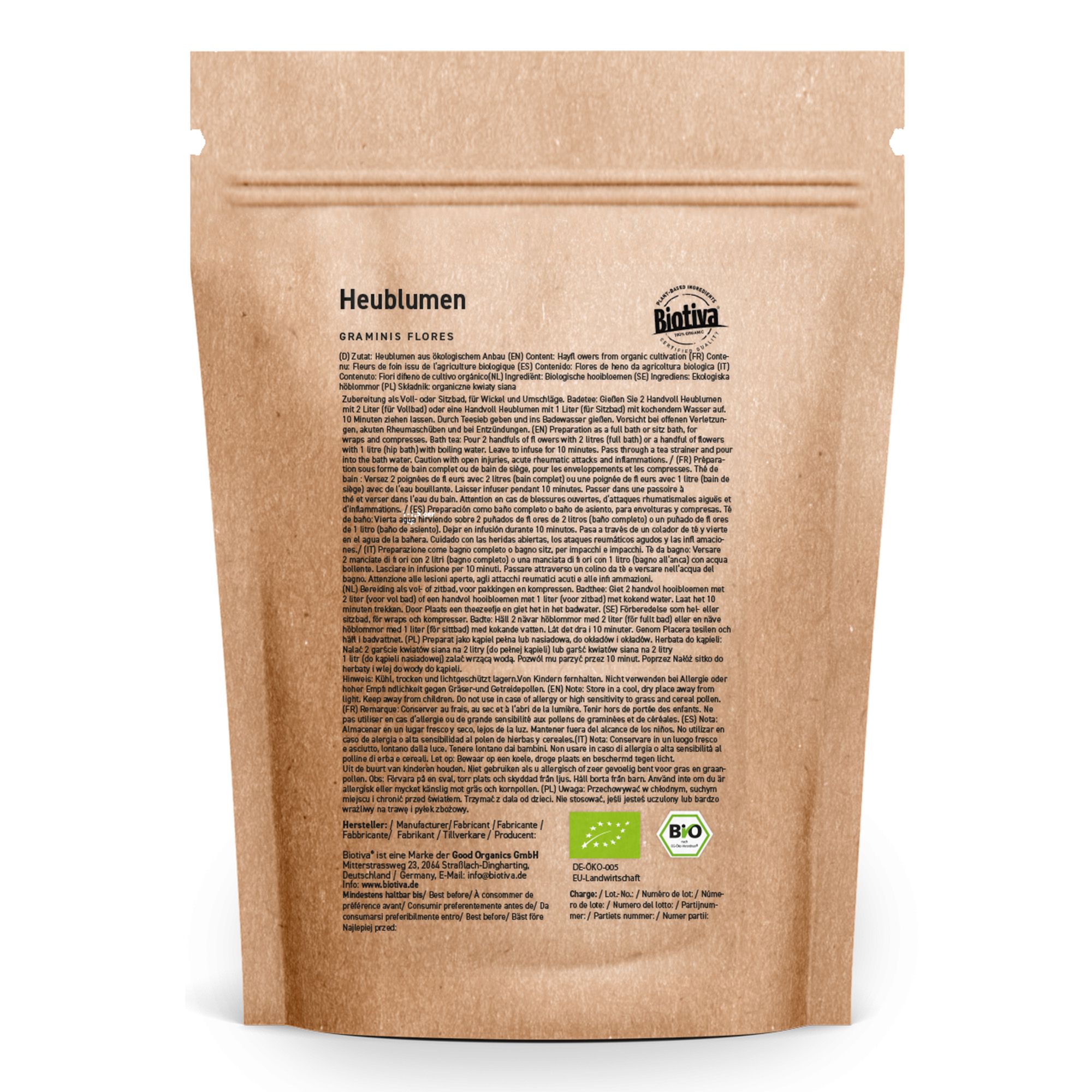 Retro della busta di fieno. Testo in più lingue. Etichetta biologica. Marchio Biotiva. Ingredienti e certificazioni.