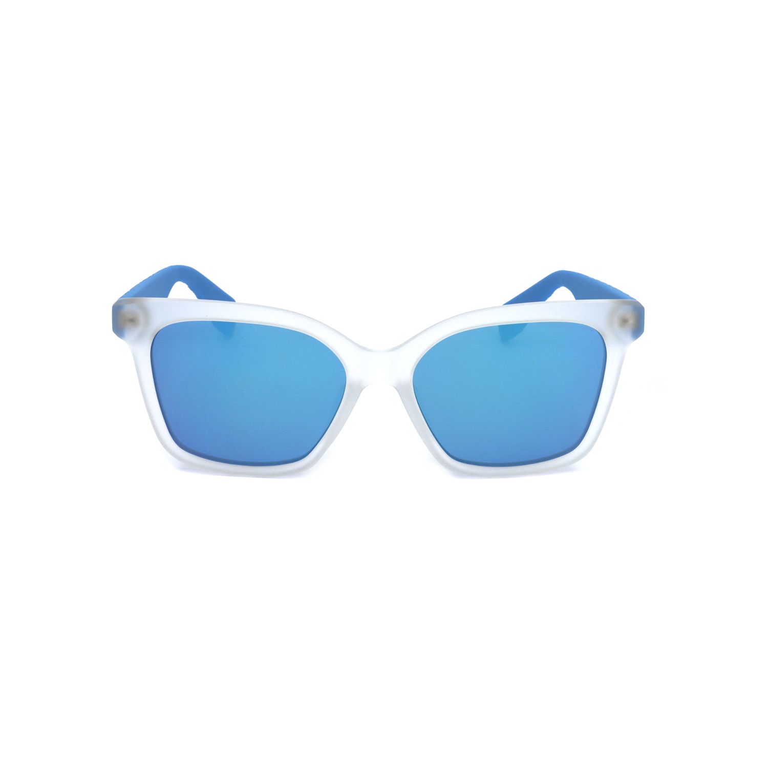 Occhiali da sole con montatura bianca e lenti blu.