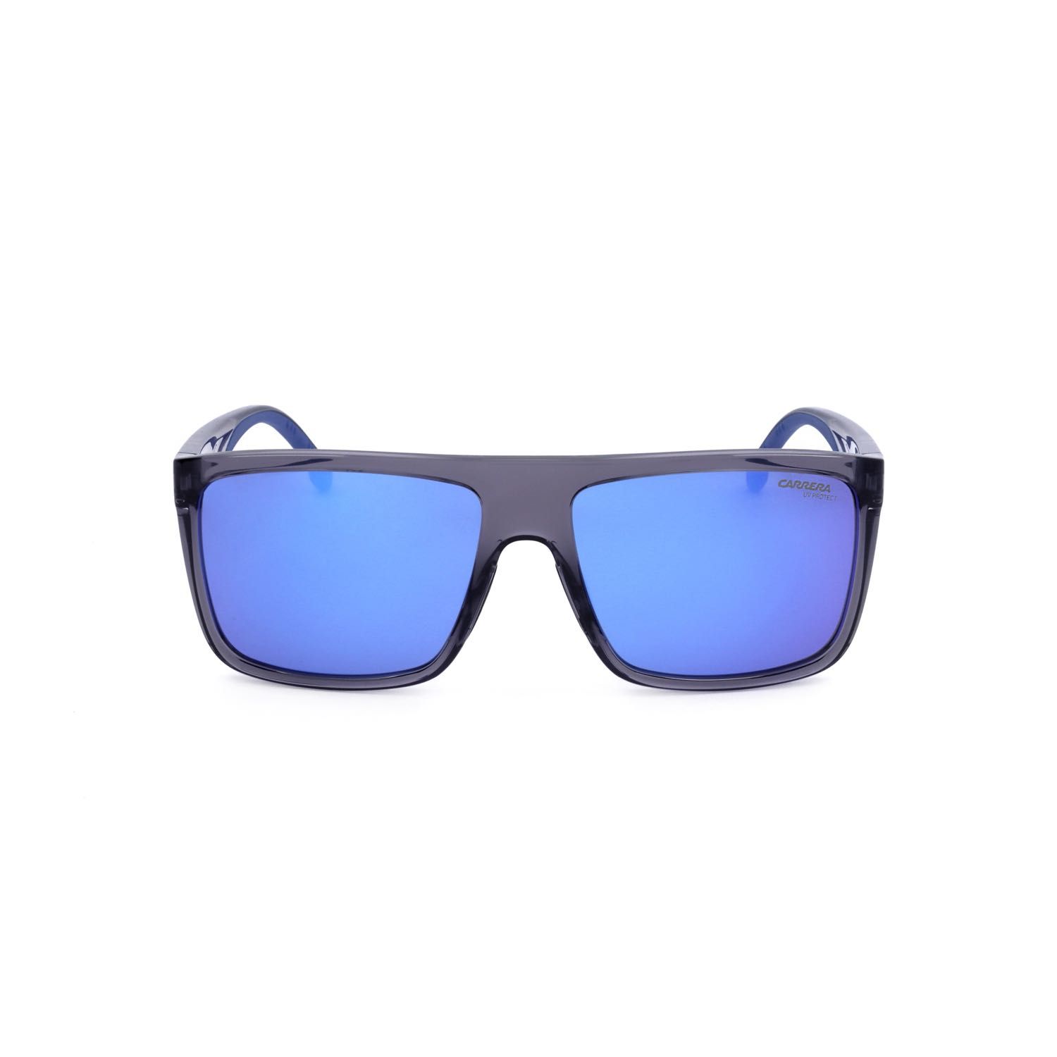 Occhiali da sole sportivi grigi con lenti a specchio blu, vista laterale.