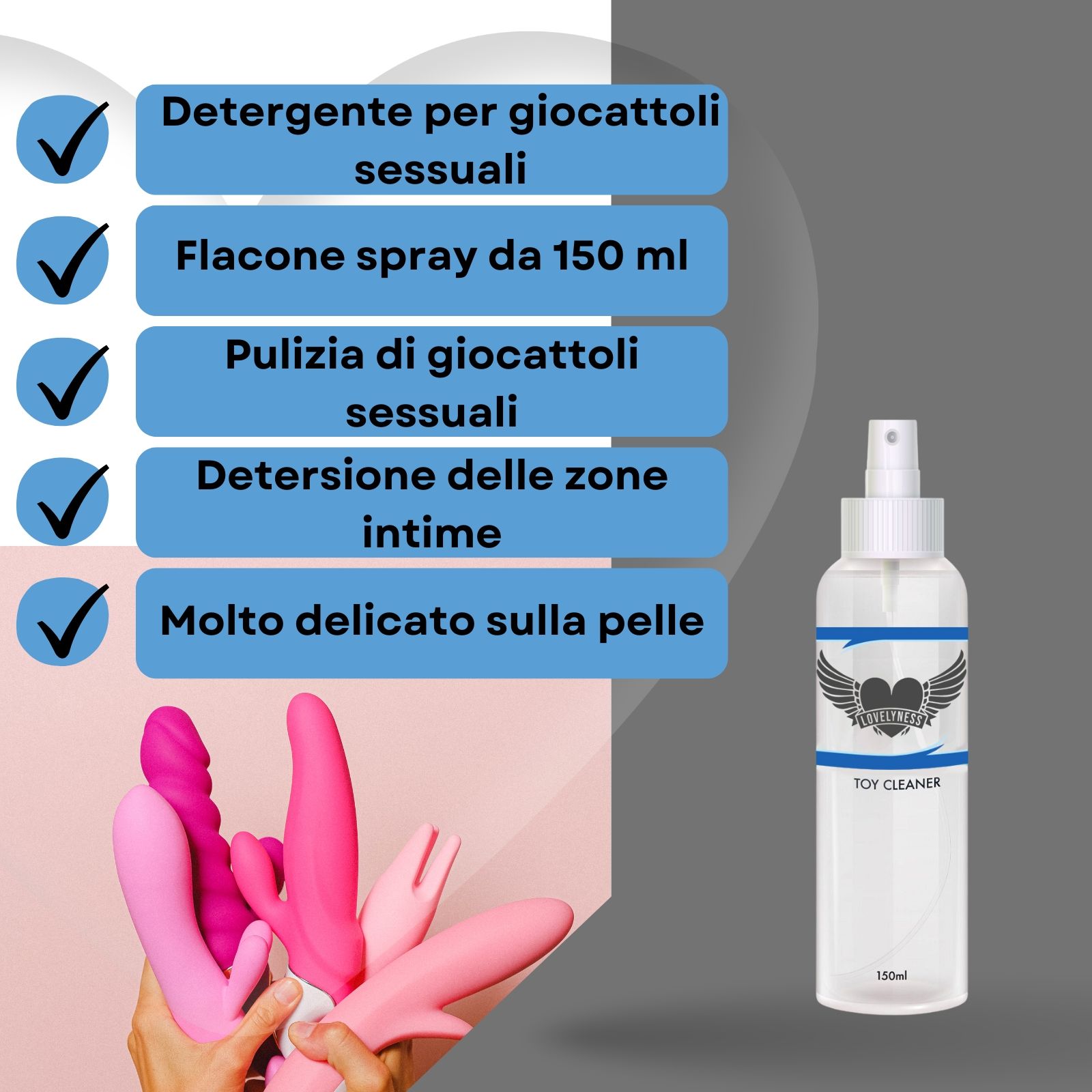 Flacone spray "TOY CLEANER". Contiene detergente per giocattoli sessuali e zona intima. Diversi sex toys.