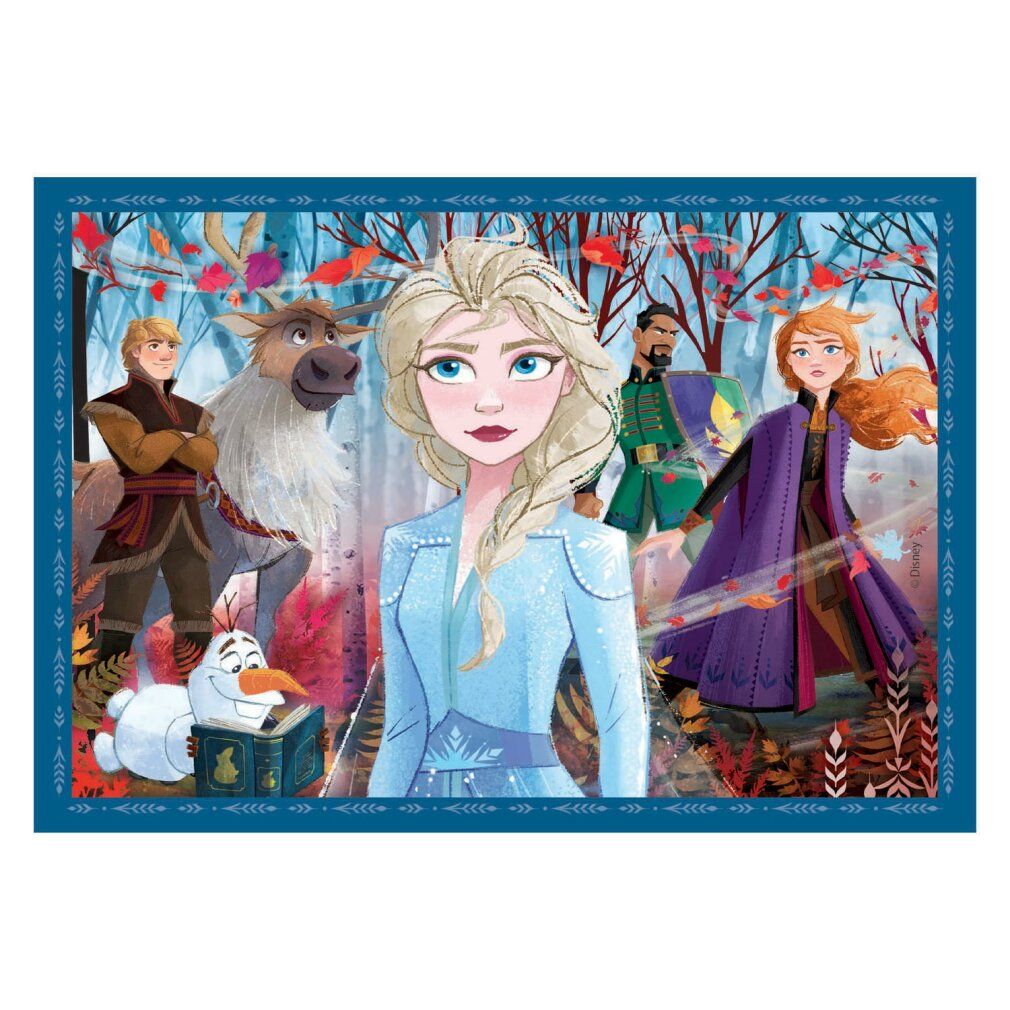 Sezione puzzle con Elsa, Anna, Kristoff, Sven e Olaf. Scena in una foresta con foglie autunnali. Cornice blu.