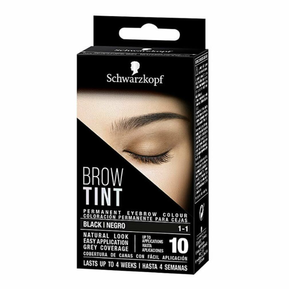 Confezione nera Schwarzkopf Brow Tint. Nome prodotto e sopracciglio visibili. Testo: BROW TINT, 1-1, fino a 10 applicazioni.