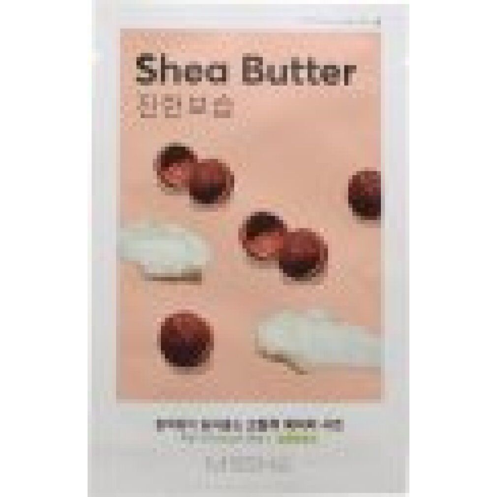 Confezione con testo "Shea Butter". Immagine di noci di karité e burro. Marchio MISSHA.