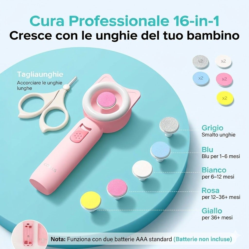 Set manicure con accessori. Forbici per unghie, testine abrasive di diversi colori. Vano batteria.