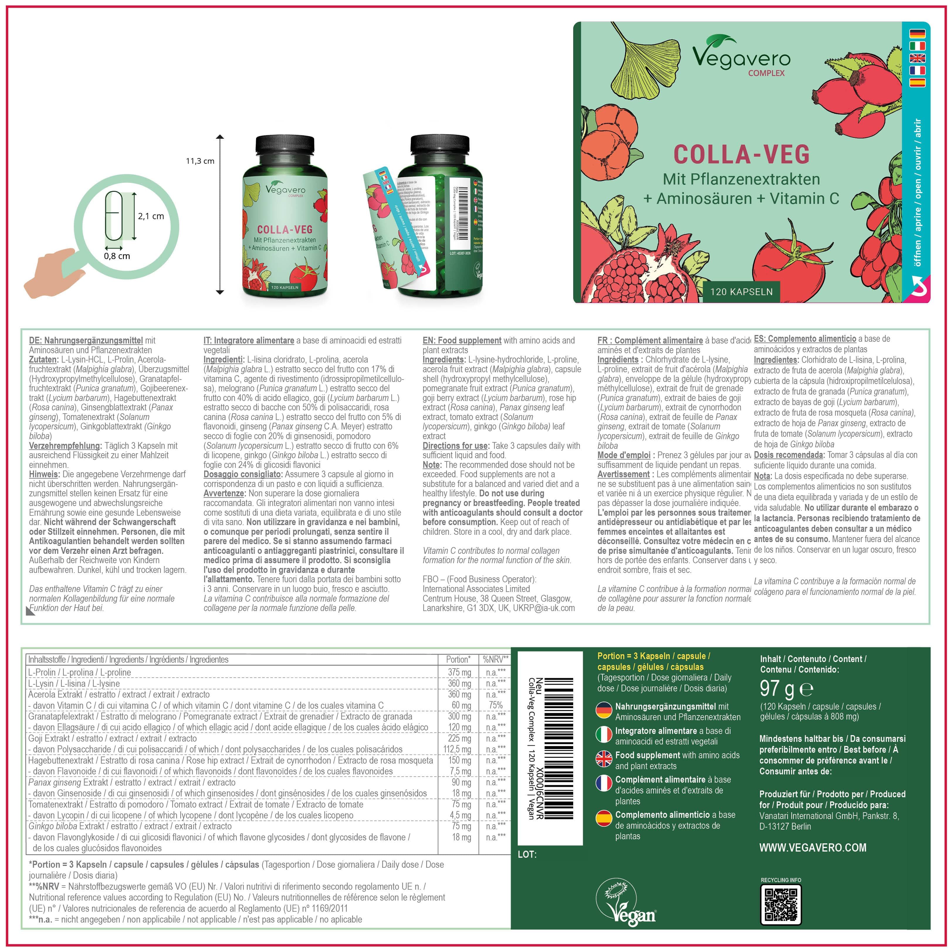 Confezione del prodotto con flacone e foglietto illustrativo. Contiene informazioni sugli ingredienti e sui valori nutrizionali. Sigillo vegano.