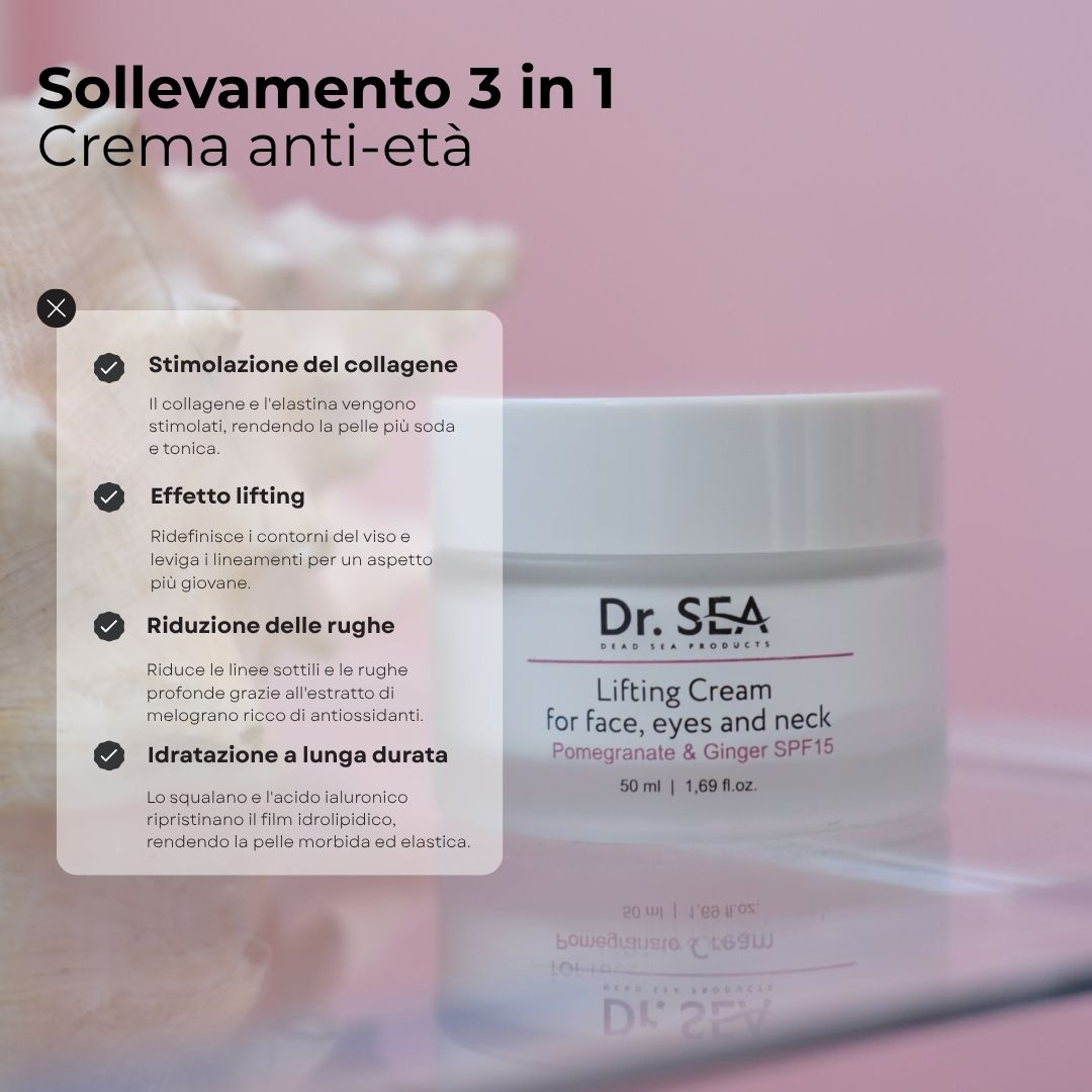 Vasetto di crema con testo. Scritta: Dr. SEA, Lifting Cream, per viso, occhi e collo. Melograno & Zenzero SPF15.