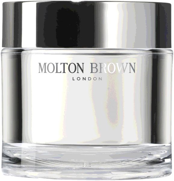 Vaso di vetro con coperchio argentato. Scritta: MOLTON BROWN LONDON.
