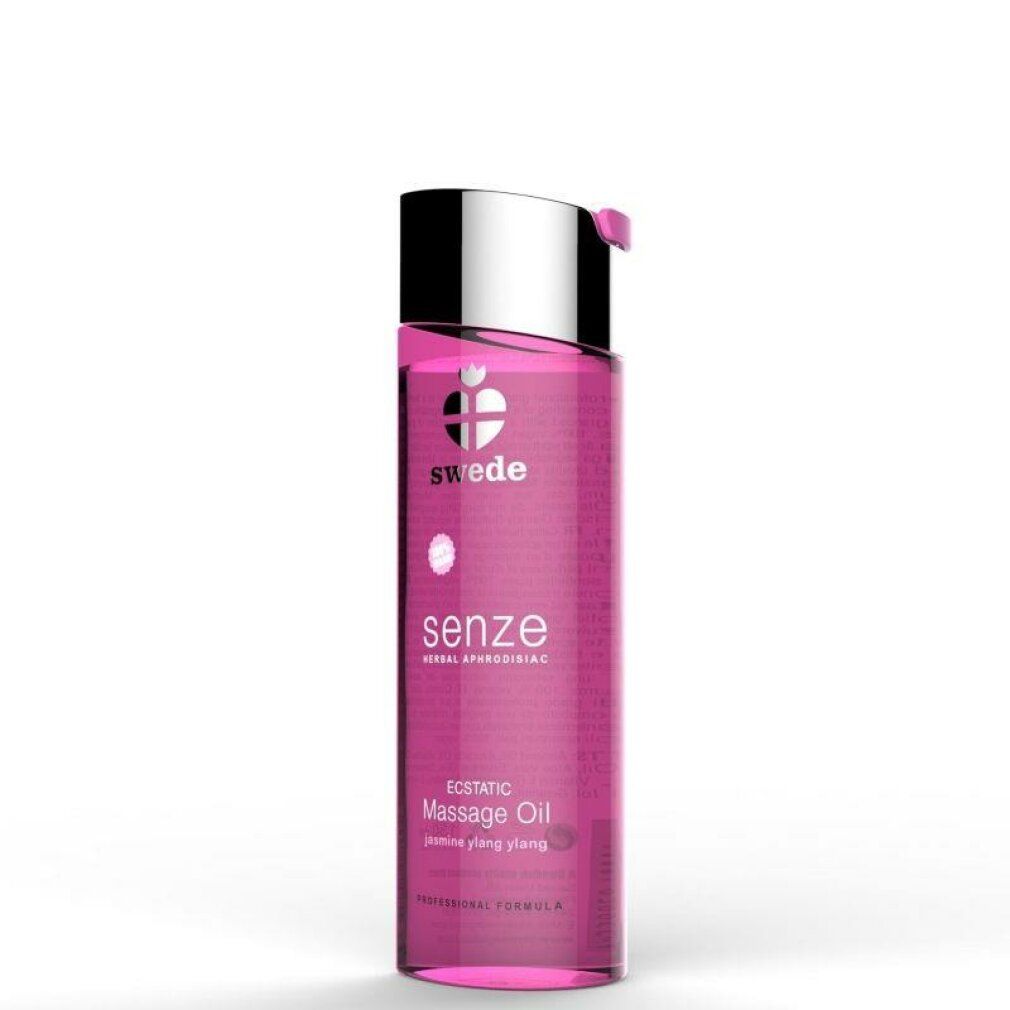 Flacone rosa con tappo argentato. Scritte: swede, senze, Massage Oil. Contiene gelsomino, ylang-ylang e neroli.