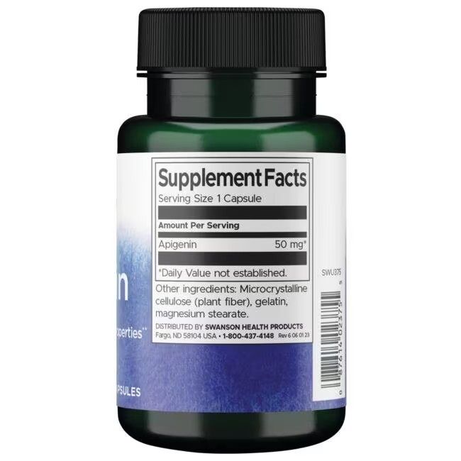 Retro del flacone verde. Scritta: Supplement Facts. Contiene Apigenina 50 mg. Altri ingredienti.