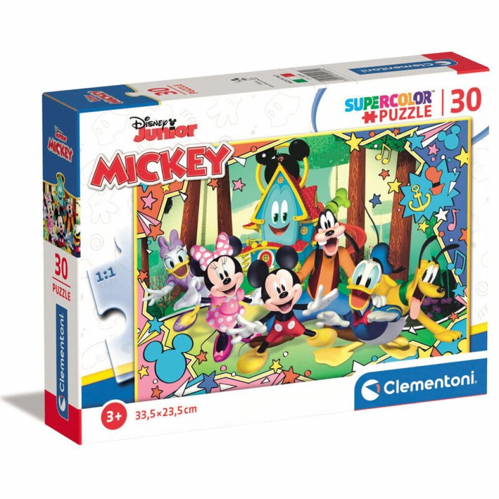 Scatola puzzle con Topolino e amici. Contiene 30 pezzi. Marca: Clementoni. Per bambini dai 3 anni in su. Dimensioni: 33,5 x 23,5 cm.