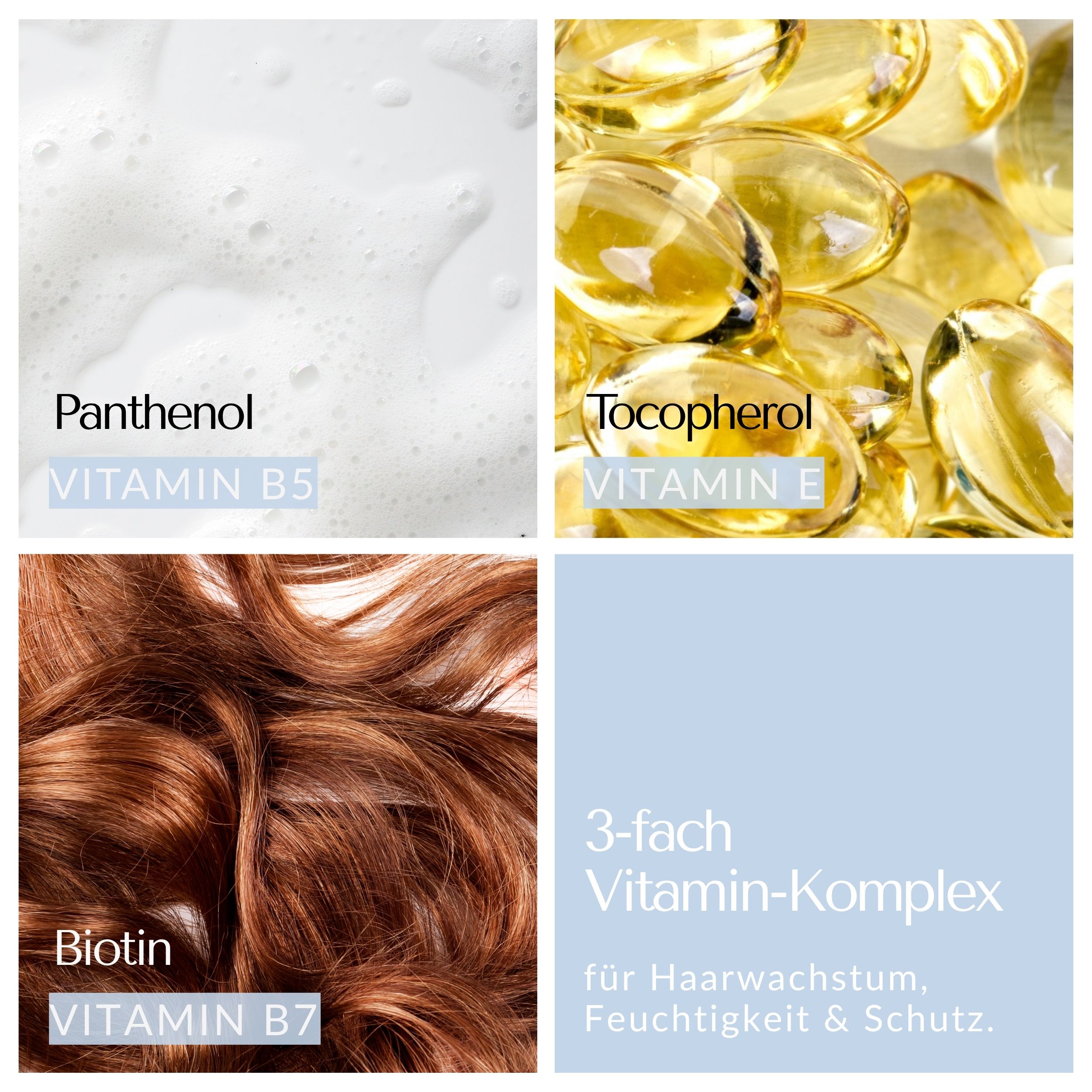 Quattro immagini: Pantenolo, Tocoferolo, Biotina. Didascalie con vitamine.