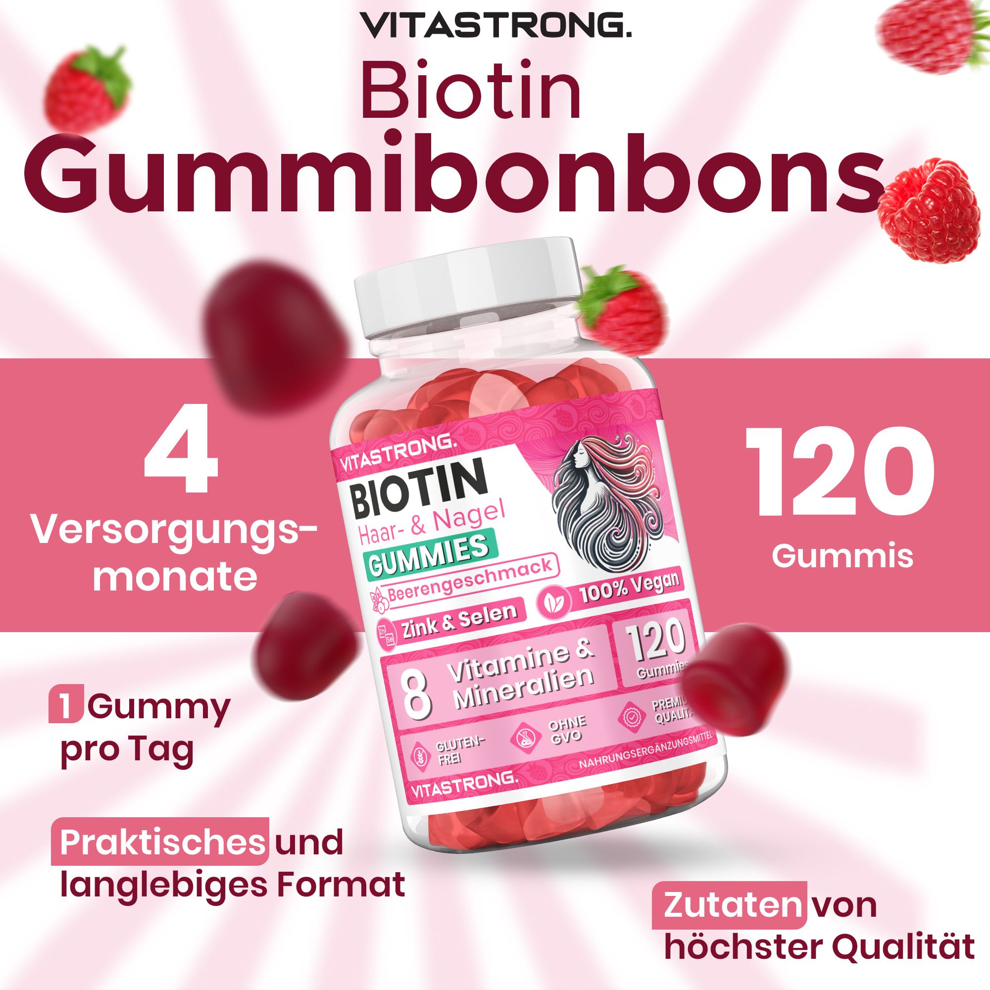 Flacone di Biotin GUMMIES. Scritta: Biotin Hair & Nagel GUMMIES. 120 caramelle gommose. 100% Vegan. 4 mesi di fornitura.