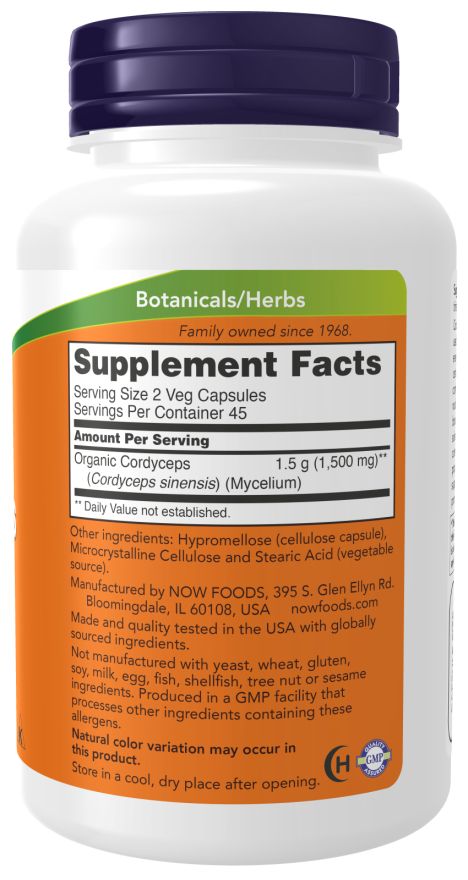 Retro del flacone. Etichetta arancione con informazioni sugli ingredienti e valori nutrizionali. Marchio: NOW. Testo: Supplement Facts.