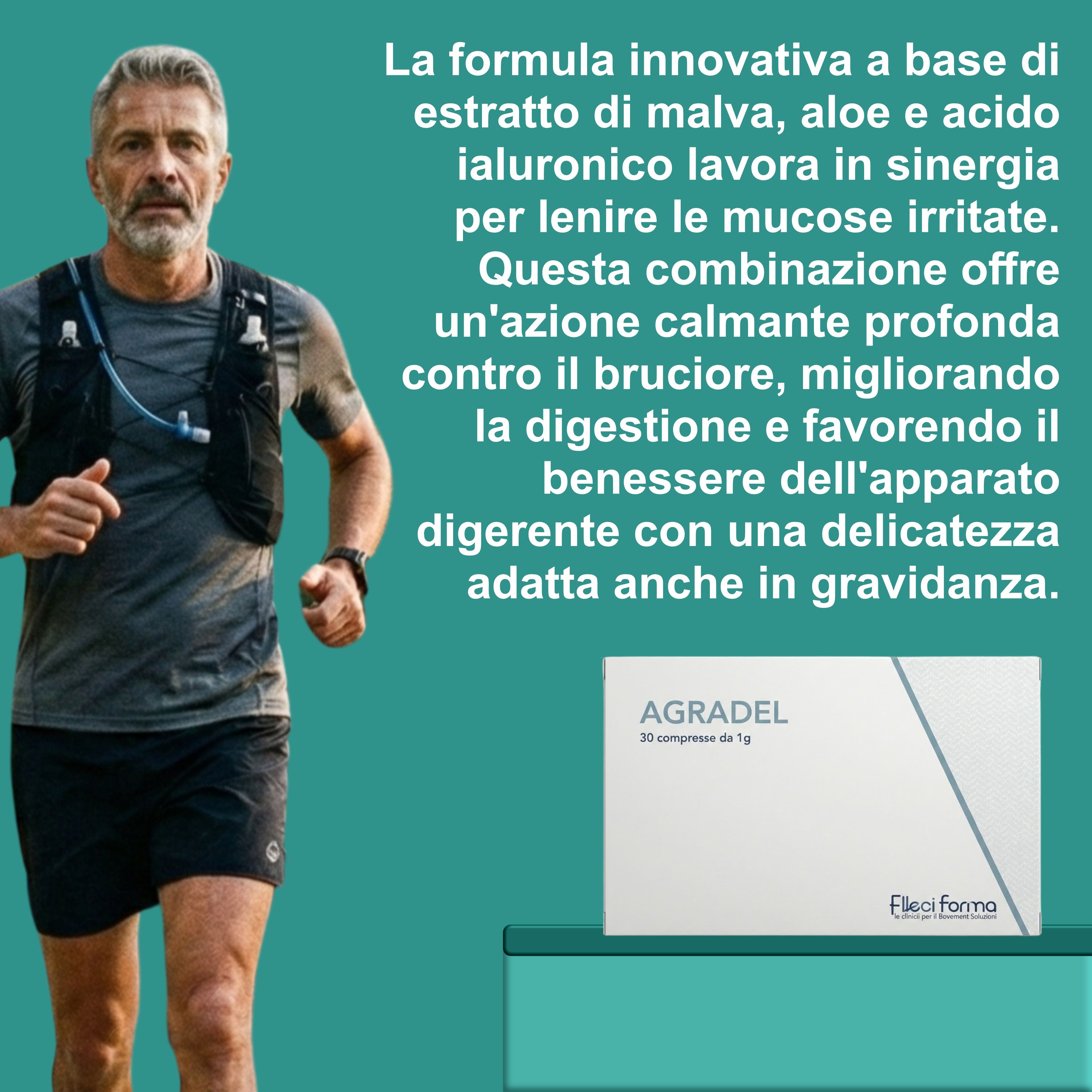 Uomo che corre. Testo: Agradel, formula con malva, aloe e acido ialuronico. 30 compresse.