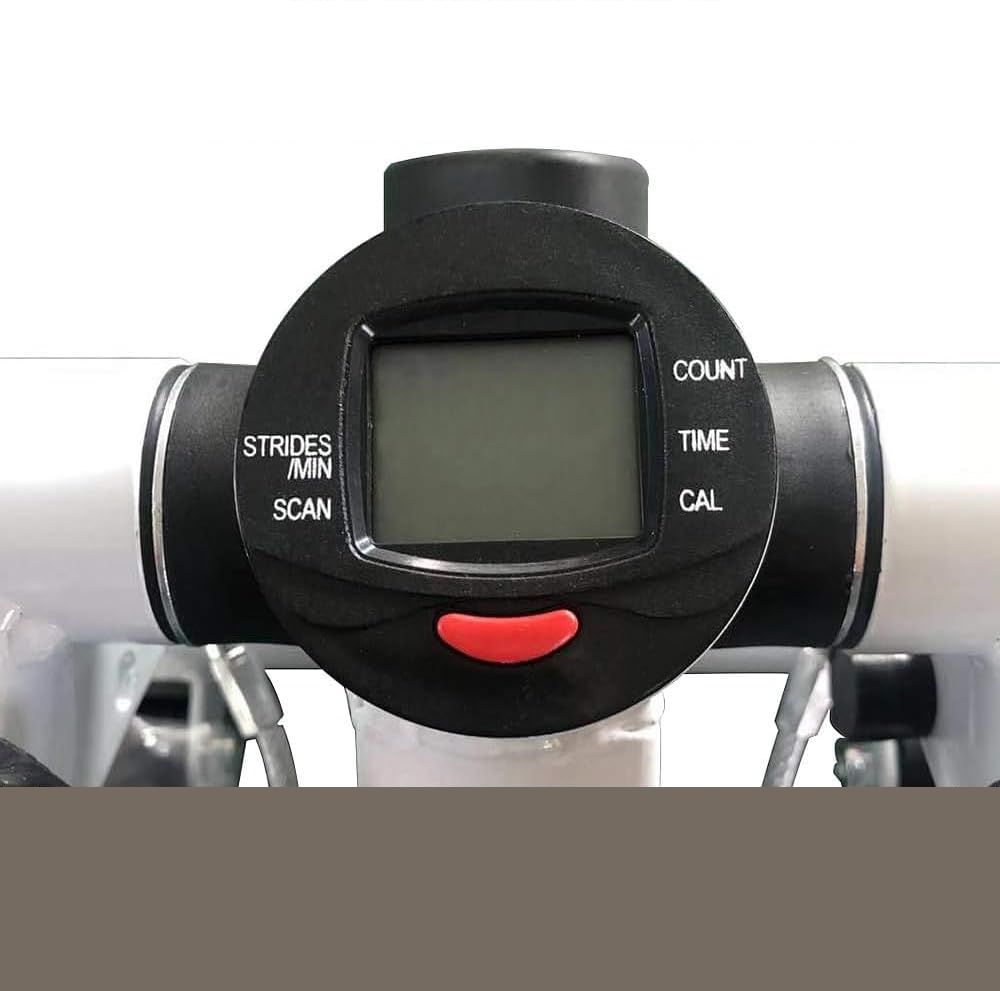 Display digitale di un mini stepper. Mostra tempo, calorie e passi al minuto. Alloggiamento nero con pulsante rosso.