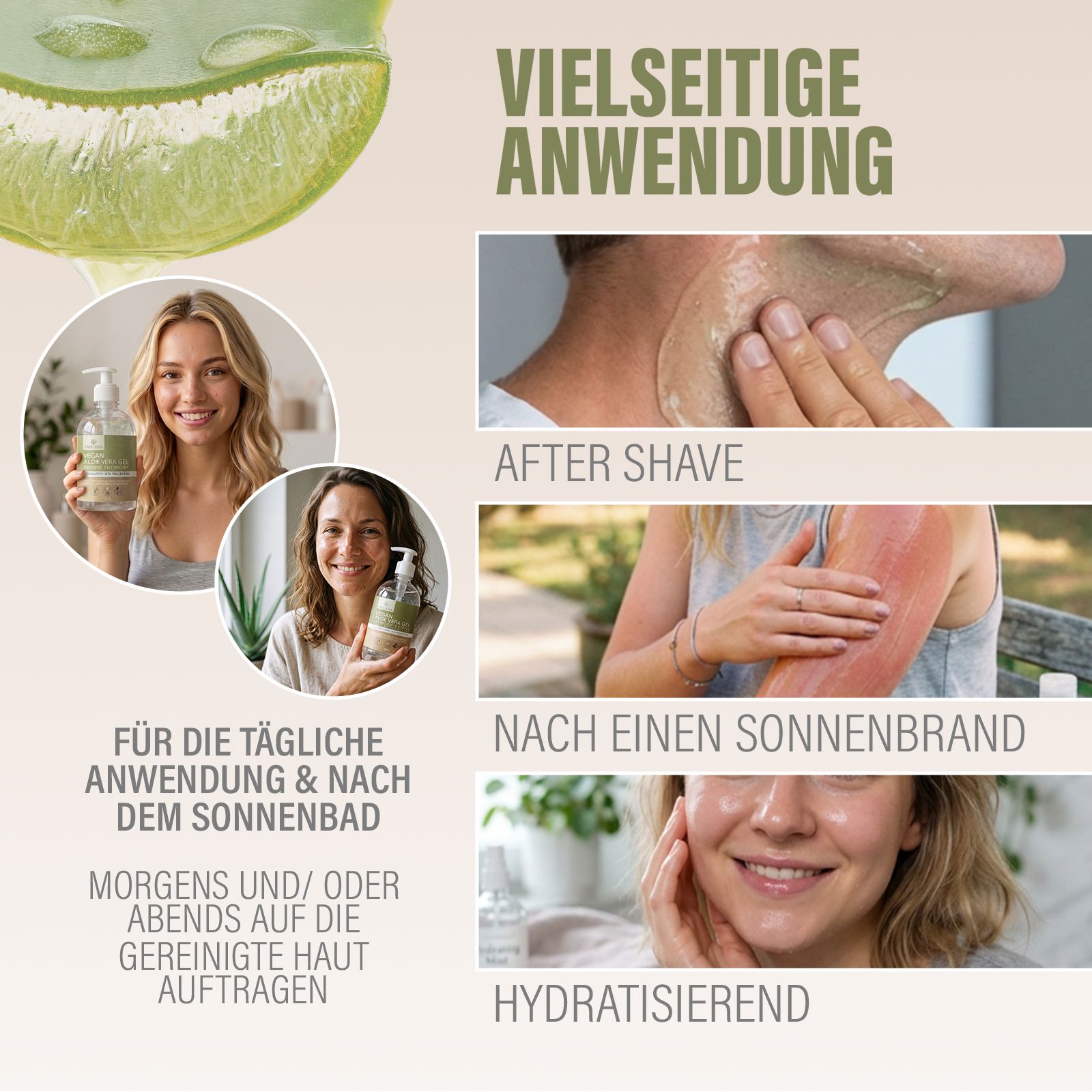 Collage con flacone di gel di aloe vera Enolenia®, donne e istruzioni per l'uso.