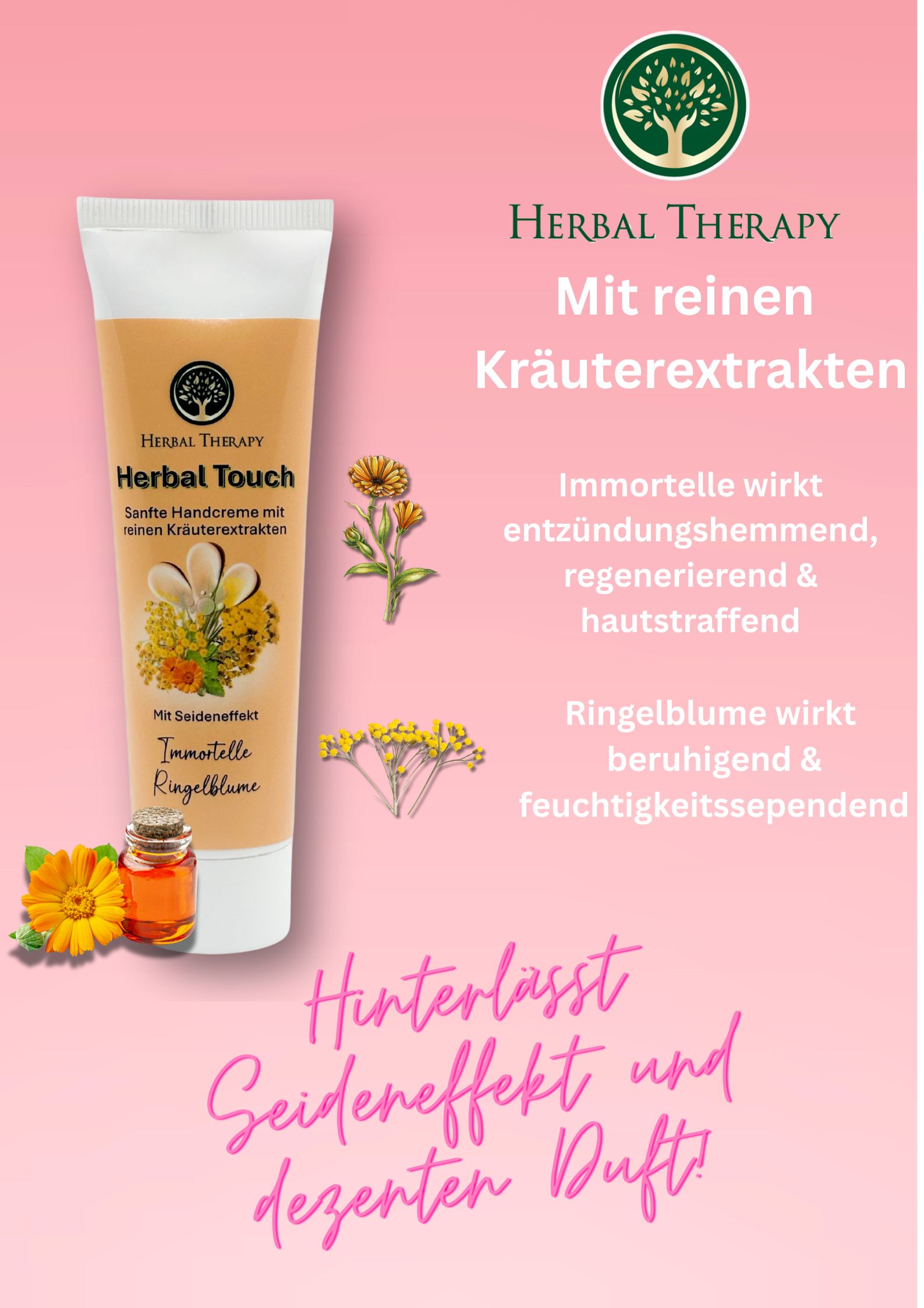 Tubetto di crema su sfondo giallo. Testo: Herbal Therapy, Herbal Touch, Sanfte Handcreme mit Kräuterextrakten. Illustrazione di fiori e olio.
