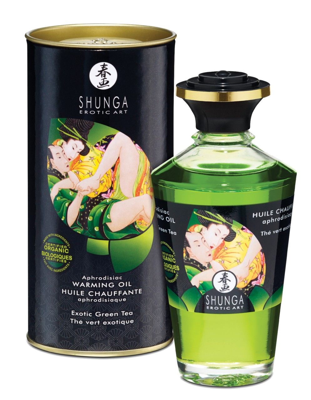 Olio da massaggio Shunga al tè verde in bottiglia di vetro e lattina, con motivo artistico e sigillo.