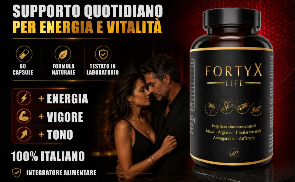 Coppia che si abbraccia davanti a un flacone FORTYX LIFE. Testo: Energia, vigore, tono. Flacone marrone di capsule.