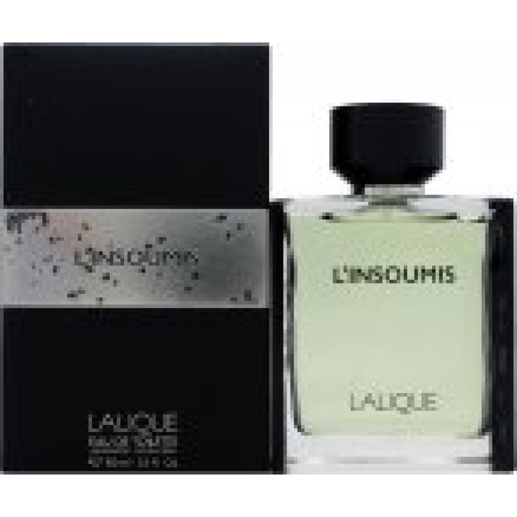 Flacone e scatola. Scritta: L'INSOUMIS, LALIQUE. Scatola nera. Flacone rettangolare con liquido verdognolo.